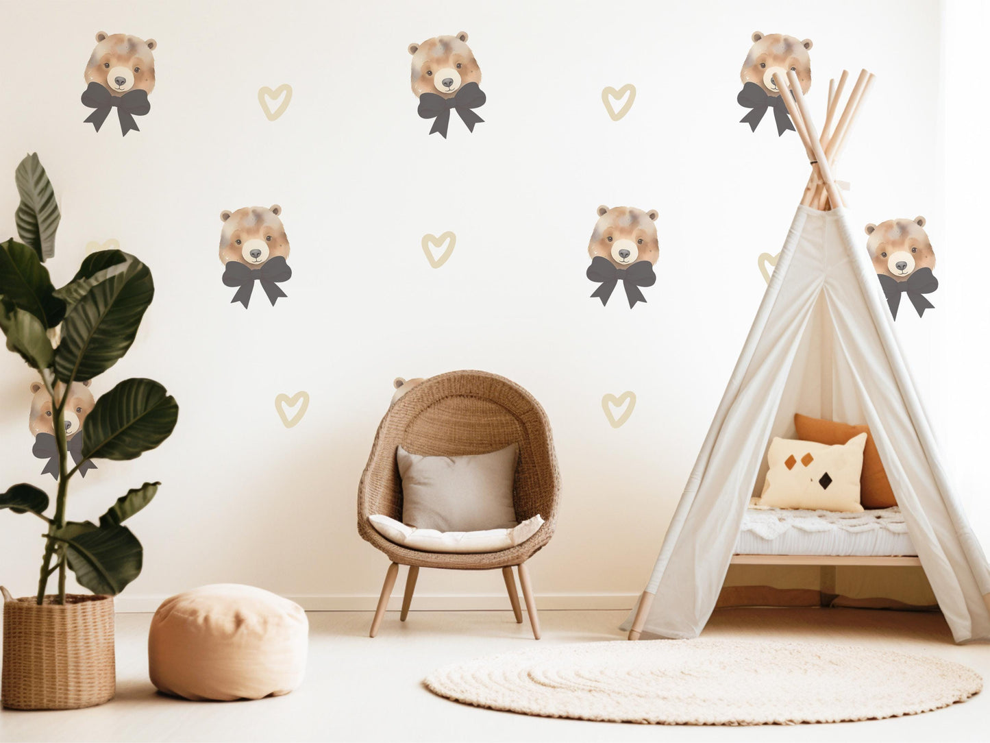 Bear Bow Wall Stickers, Teddy Bear Nursery Decor, Heart Wall Decals, Peel and Stick Neutral Baby Room Wall Art