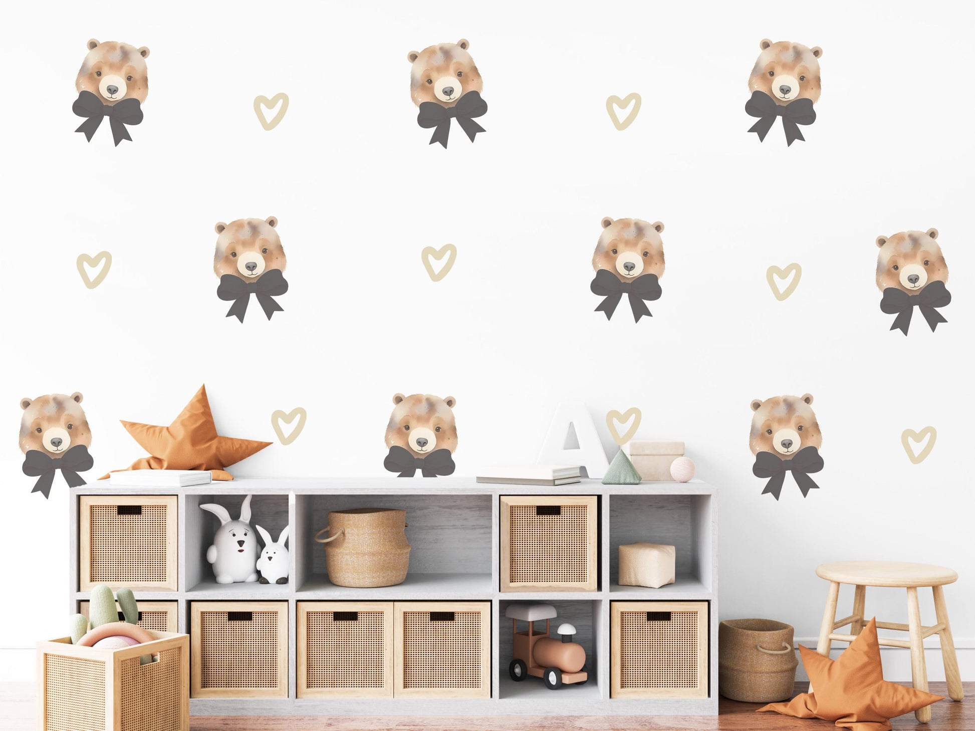 Bear Bow Wall Stickers, Teddy Bear Nursery Decor, Heart Wall Decals, Peel and Stick Neutral Baby Room Wall Art