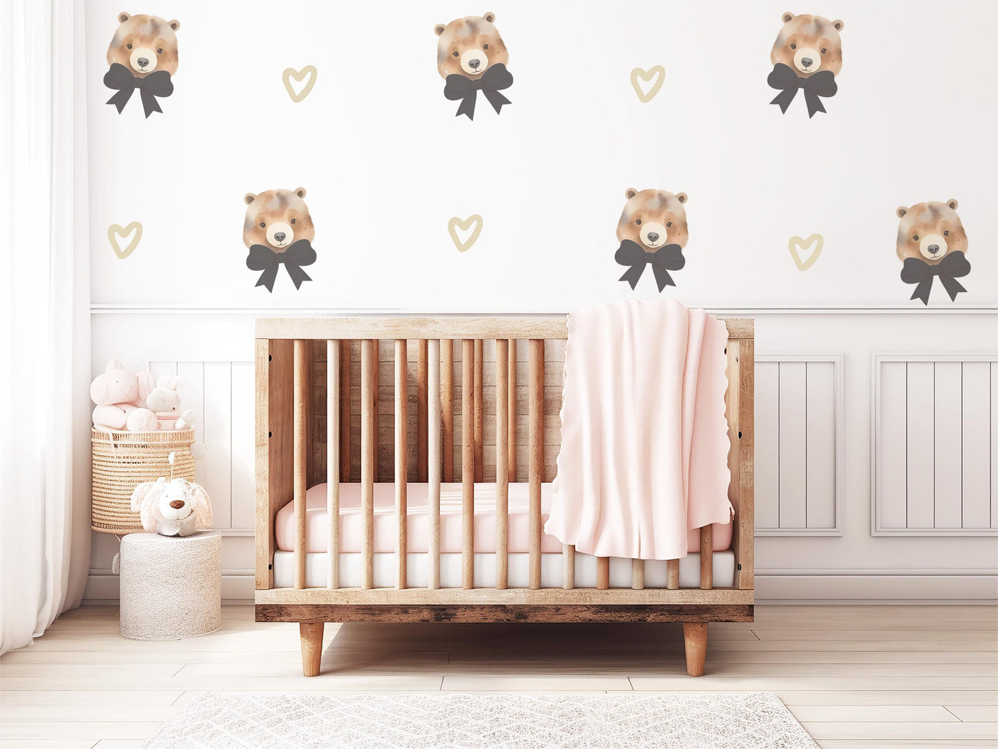 Bear Bow Wall Stickers, Teddy Bear Nursery Decor, Heart Wall Decals, Peel and Stick Neutral Baby Room Wall Art