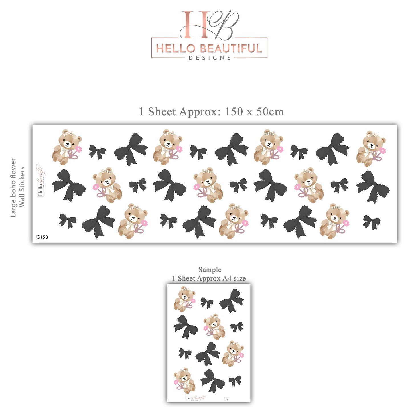 Bear Wall Stickers, Girl Nursery Decor, Bow and Flower Wall Decals, Peel and Stick Baby Girl Room Wall Art