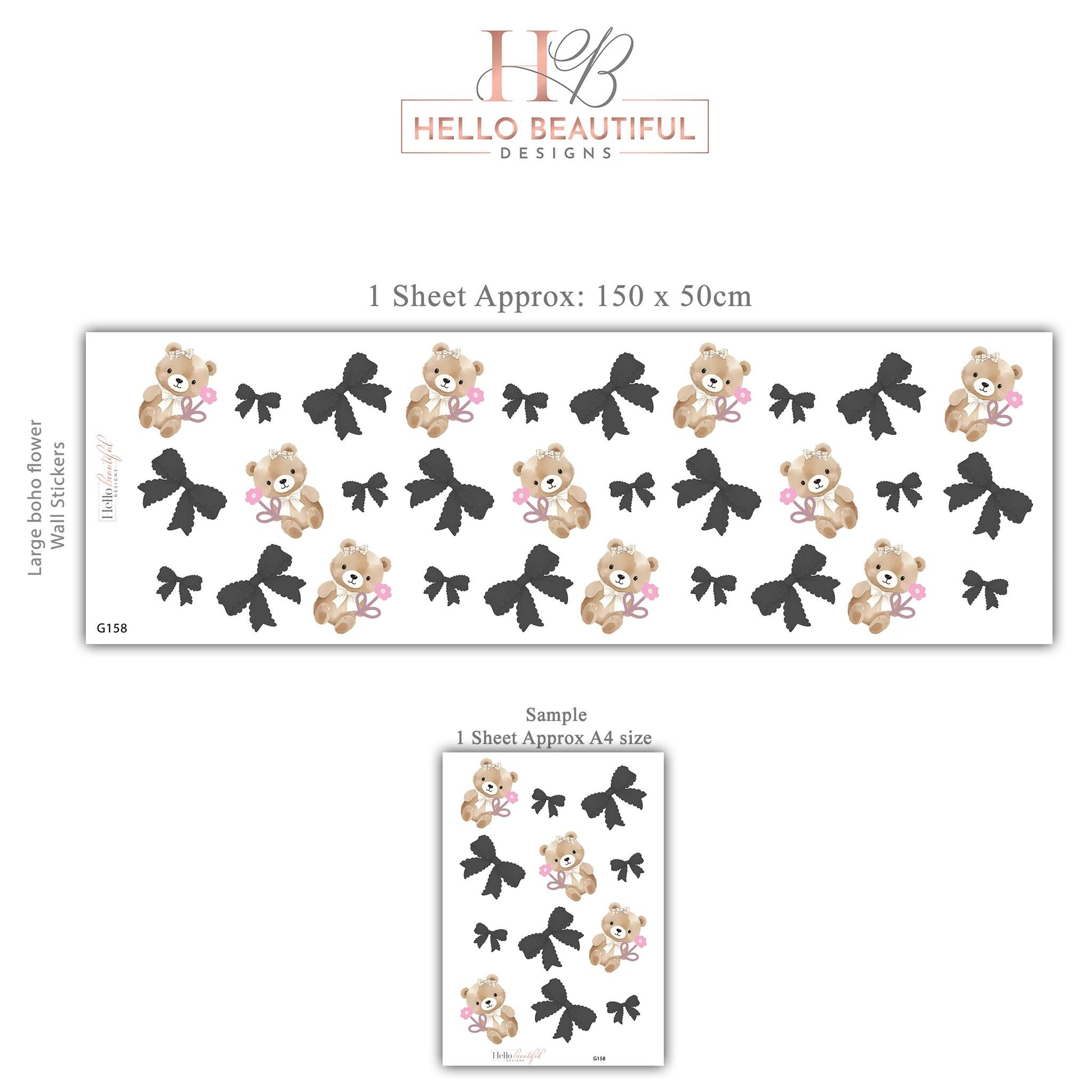 Bear Wall Stickers, Girl Nursery Decor, Bow and Flower Wall Decals, Peel and Stick Baby Girl Room Wall Art