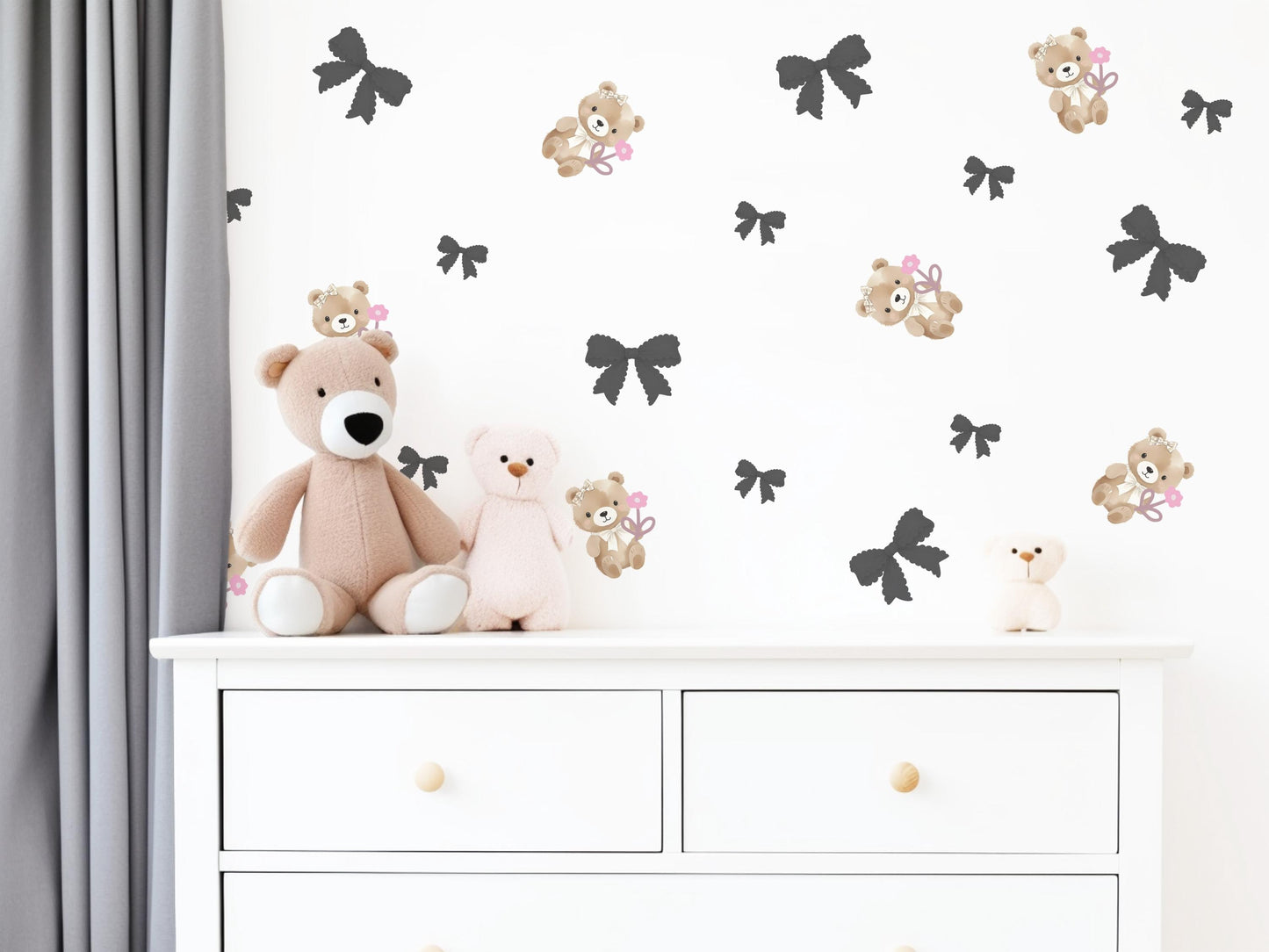 Bear Wall Stickers, Girl Nursery Decor, Bow and Flower Wall Decals, Peel and Stick Baby Girl Room Wall Art