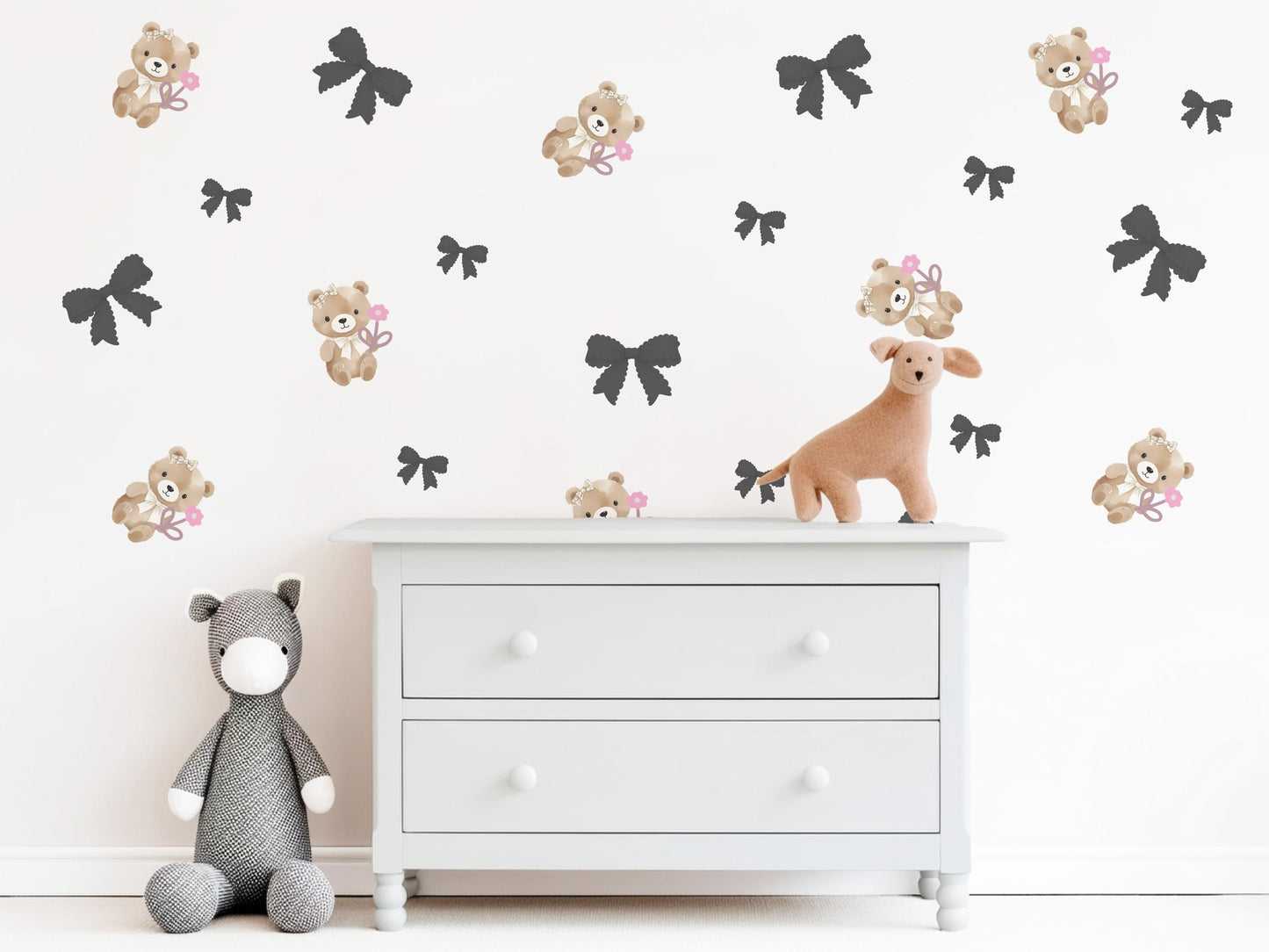 Bear Wall Stickers, Girl Nursery Decor, Bow and Flower Wall Decals, Peel and Stick Baby Girl Room Wall Art