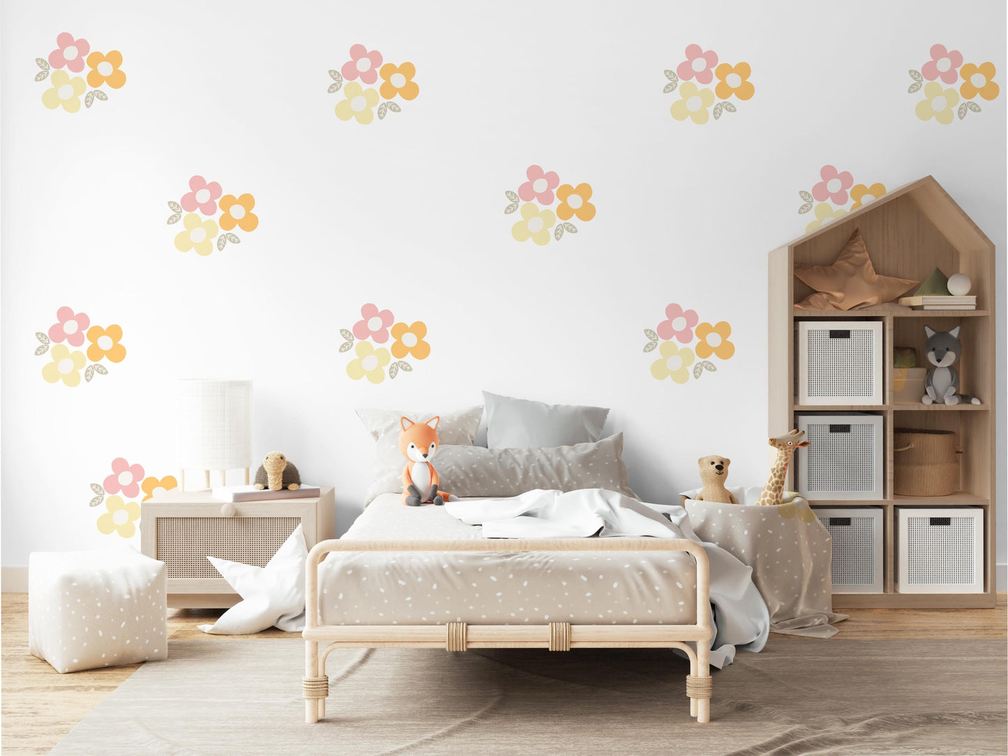 Retro Flower Wall Stickers, 70s Floral Nursery Decor, Pink Yellow Wall Decals, Peel and Stick Kids Room Wall Art