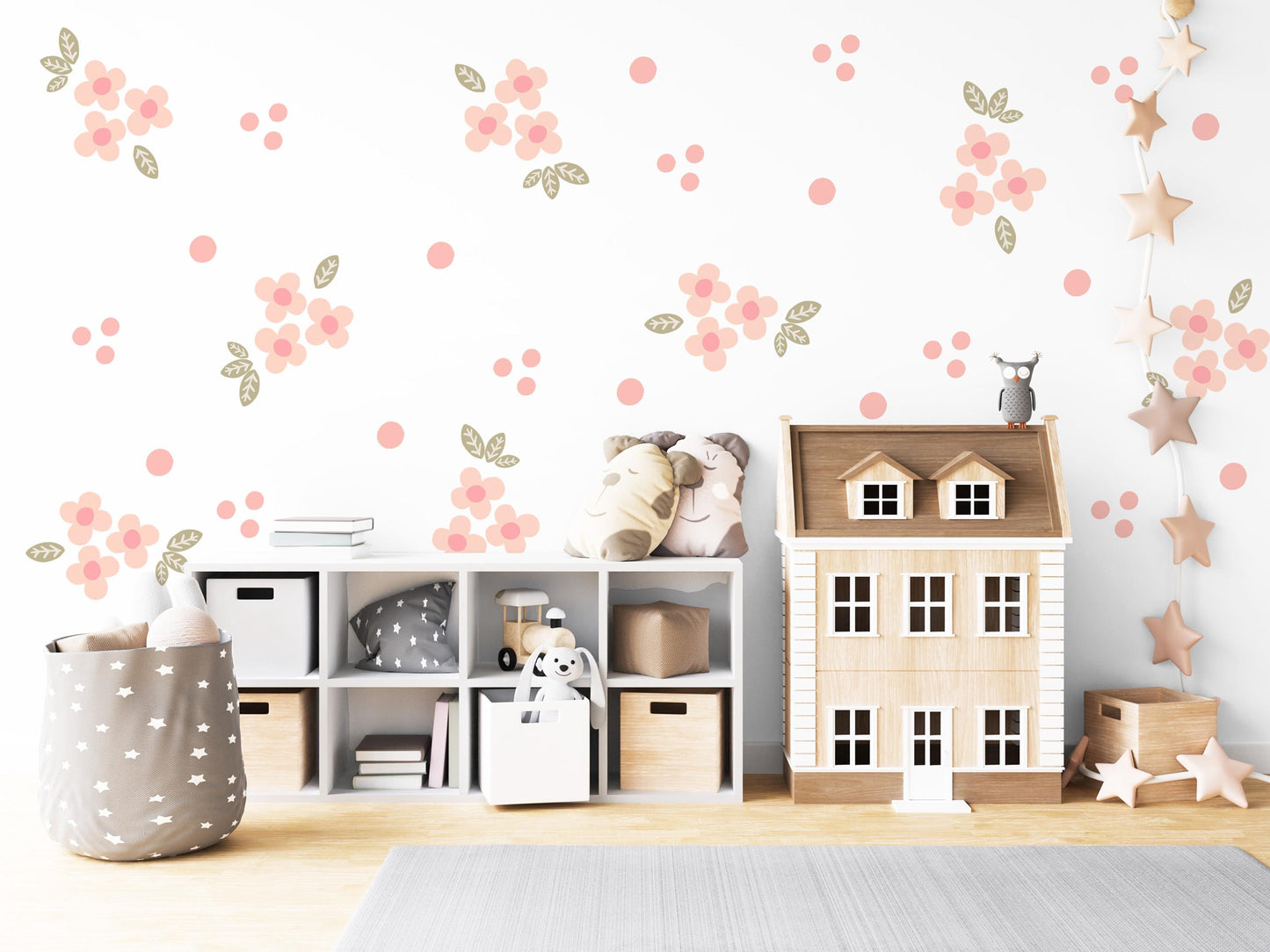 Blush Flower Wall Stickers, Coral Floral Nursery Decor, Polka Dot Wall Decals, Peel and Stick Girl Room Wall Art