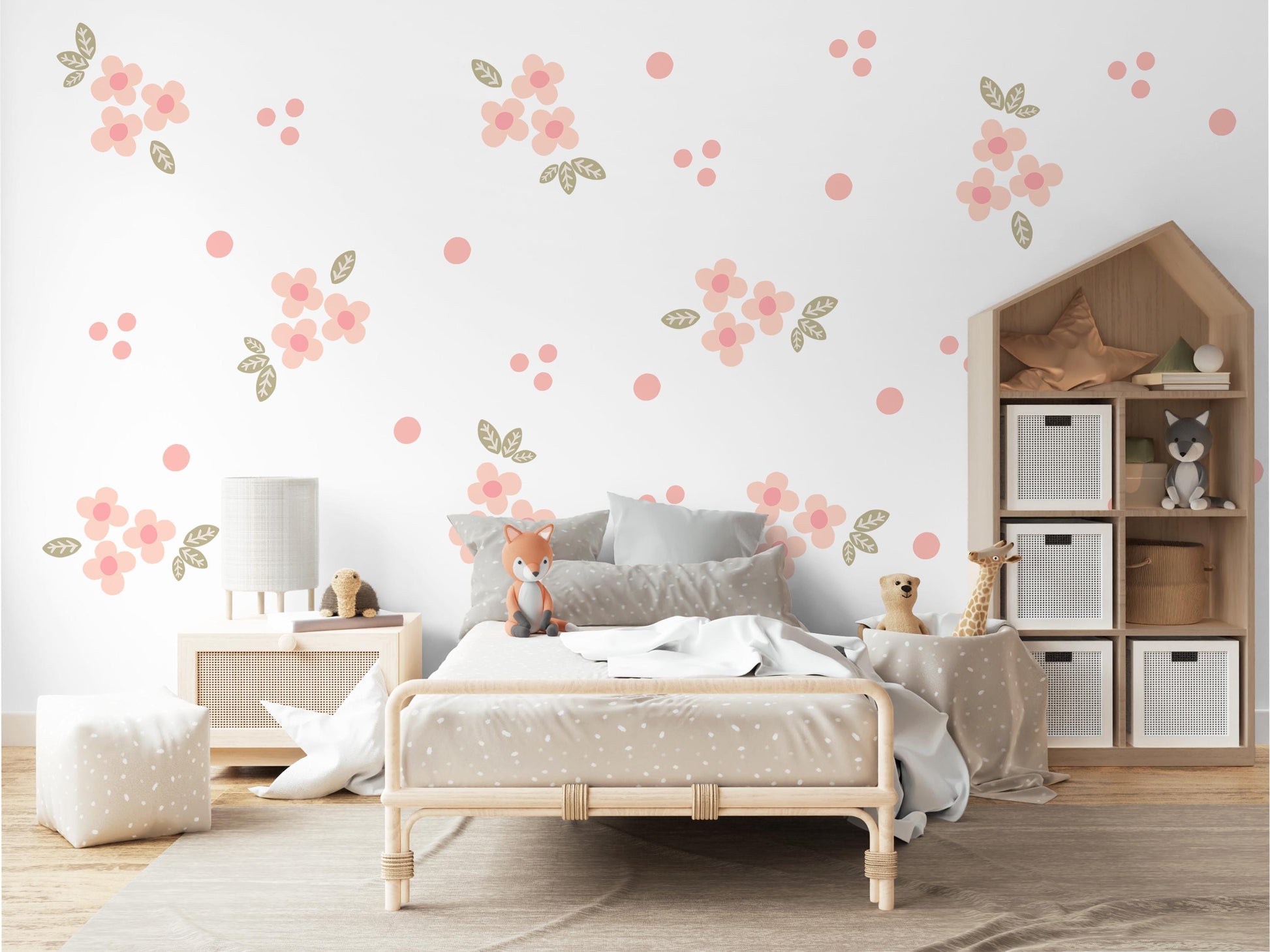Blush Flower Wall Stickers, Coral Floral Nursery Decor, Polka Dot Wall Decals, Peel and Stick Girl Room Wall Art