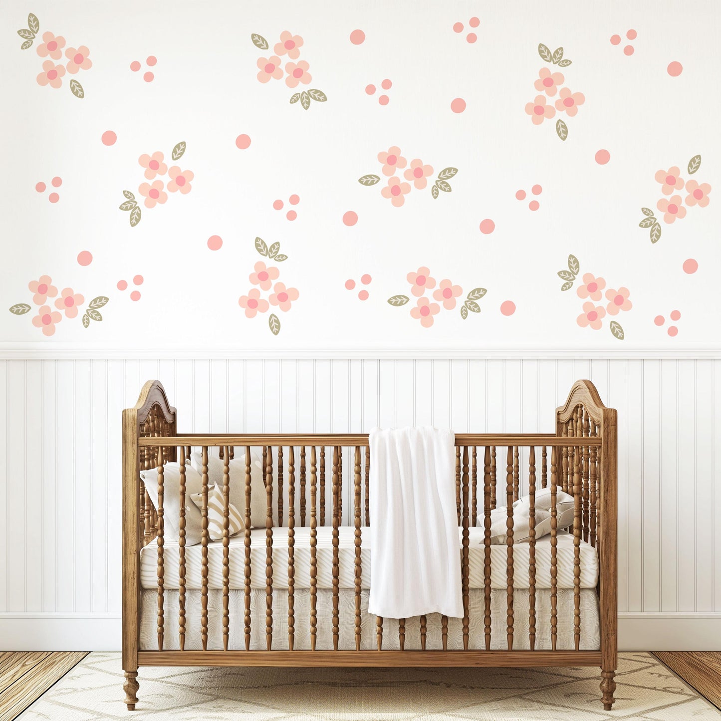 Blush Flower Wall Stickers, Coral Floral Nursery Decor, Polka Dot Wall Decals, Peel and Stick Girl Room Wall Art