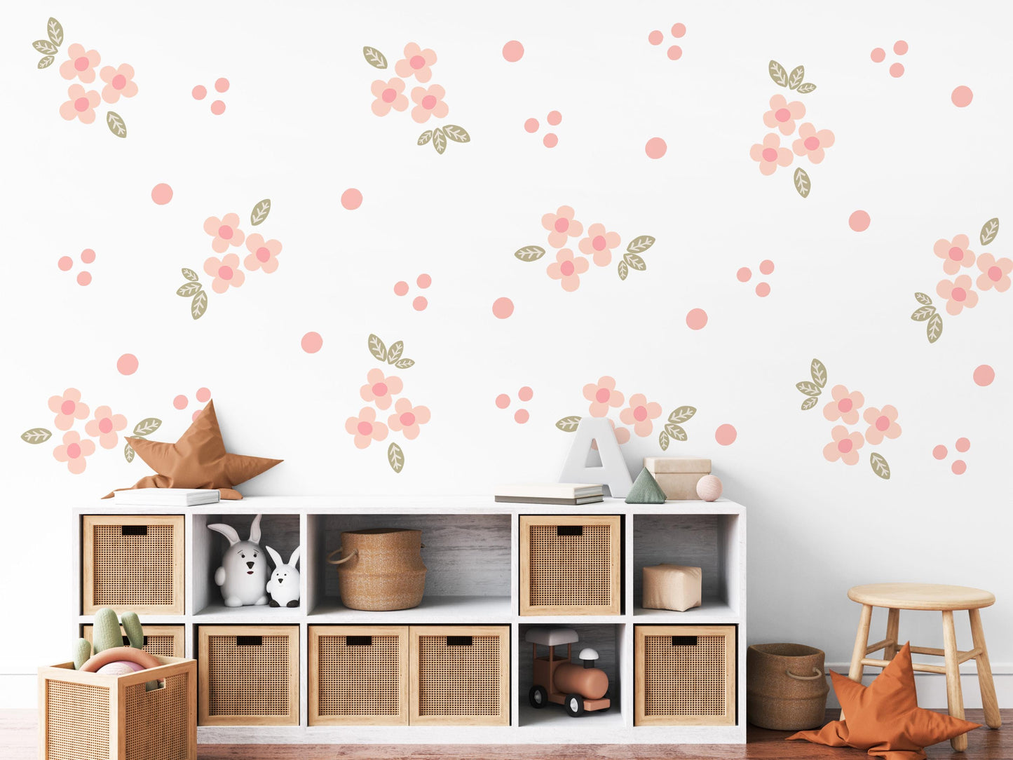 Blush Flower Wall Stickers, Coral Floral Nursery Decor, Polka Dot Wall Decals, Peel and Stick Girl Room Wall Art