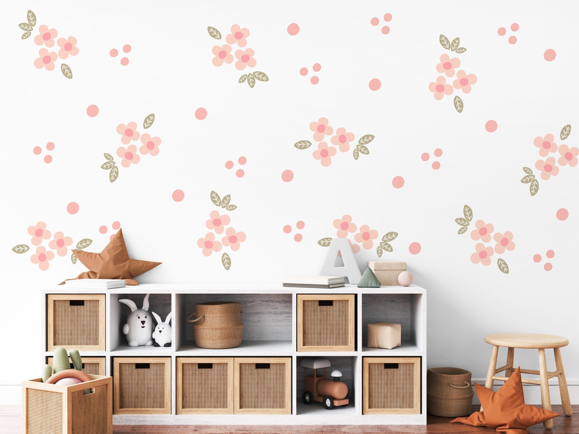 Blush Flower Wall Stickers, Coral Floral Nursery Decor, Polka Dot Wall Decals, Peel and Stick Girl Room Wall Art