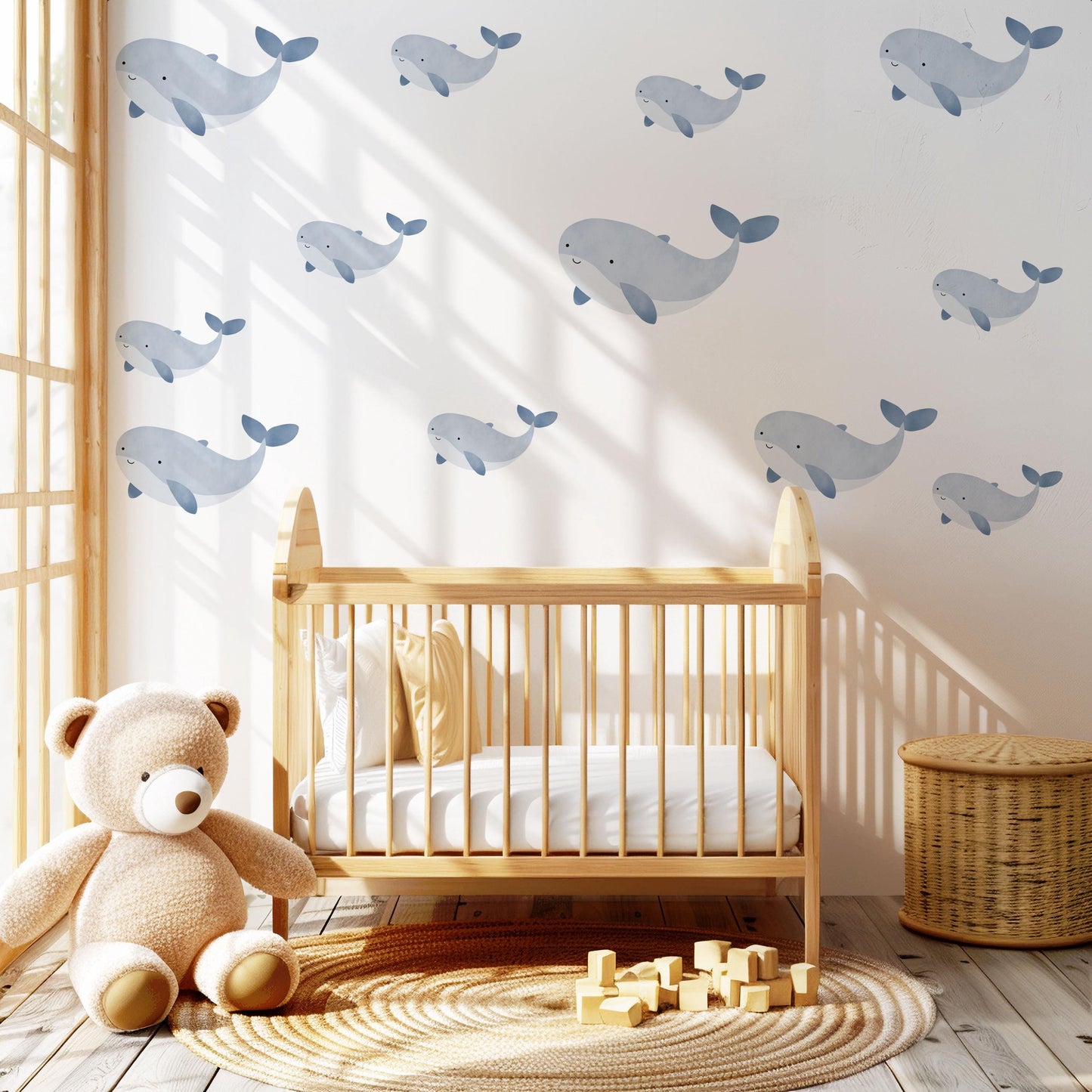 Whale Wall Stickers, Ocean Nursery Decor, Blue Whale Wall Decals, Peel and Stick Boy Nursery Wall Art