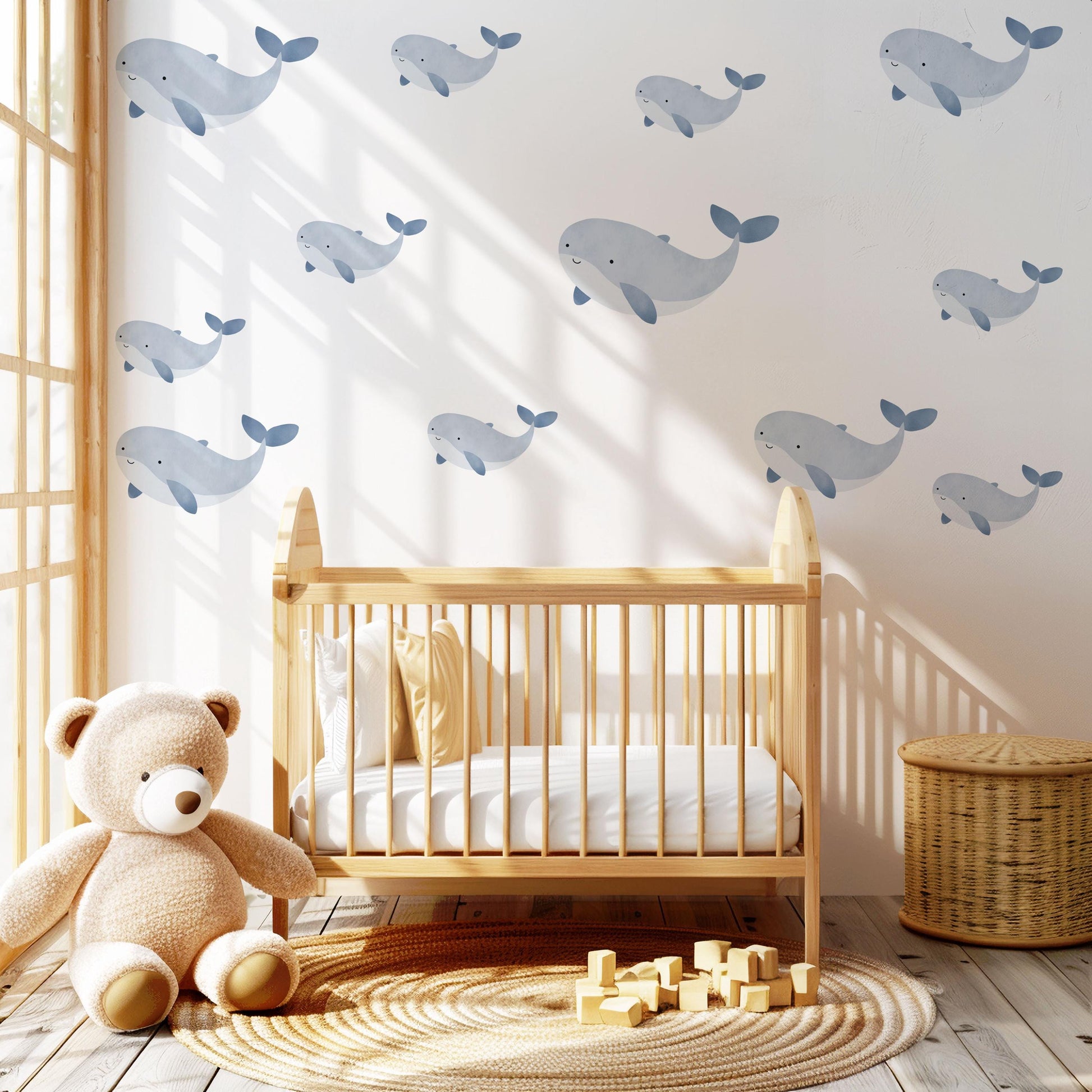 Whale Wall Stickers, Ocean Nursery Decor, Blue Whale Wall Decals, Peel and Stick Boy Nursery Wall Art
