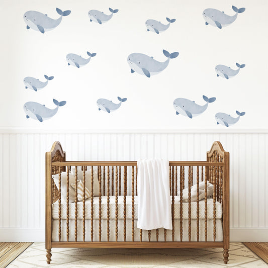 Whale Wall Stickers, Ocean Nursery Decor, Blue Whale Wall Decals, Peel and Stick Boy Nursery Wall Art