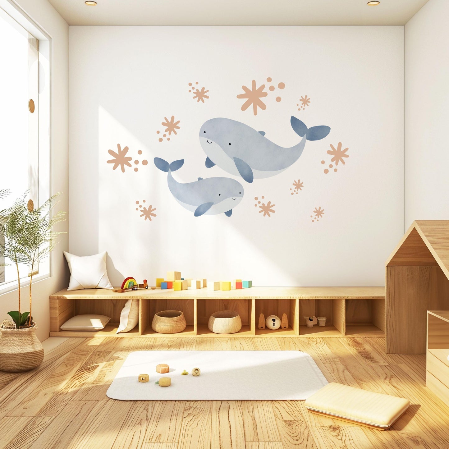 Boho Whale Wall Stickers, Mama and Baby Whale Decor, Ocean Nursery Wall Decals, Peel and Stick Nursery Wall Art