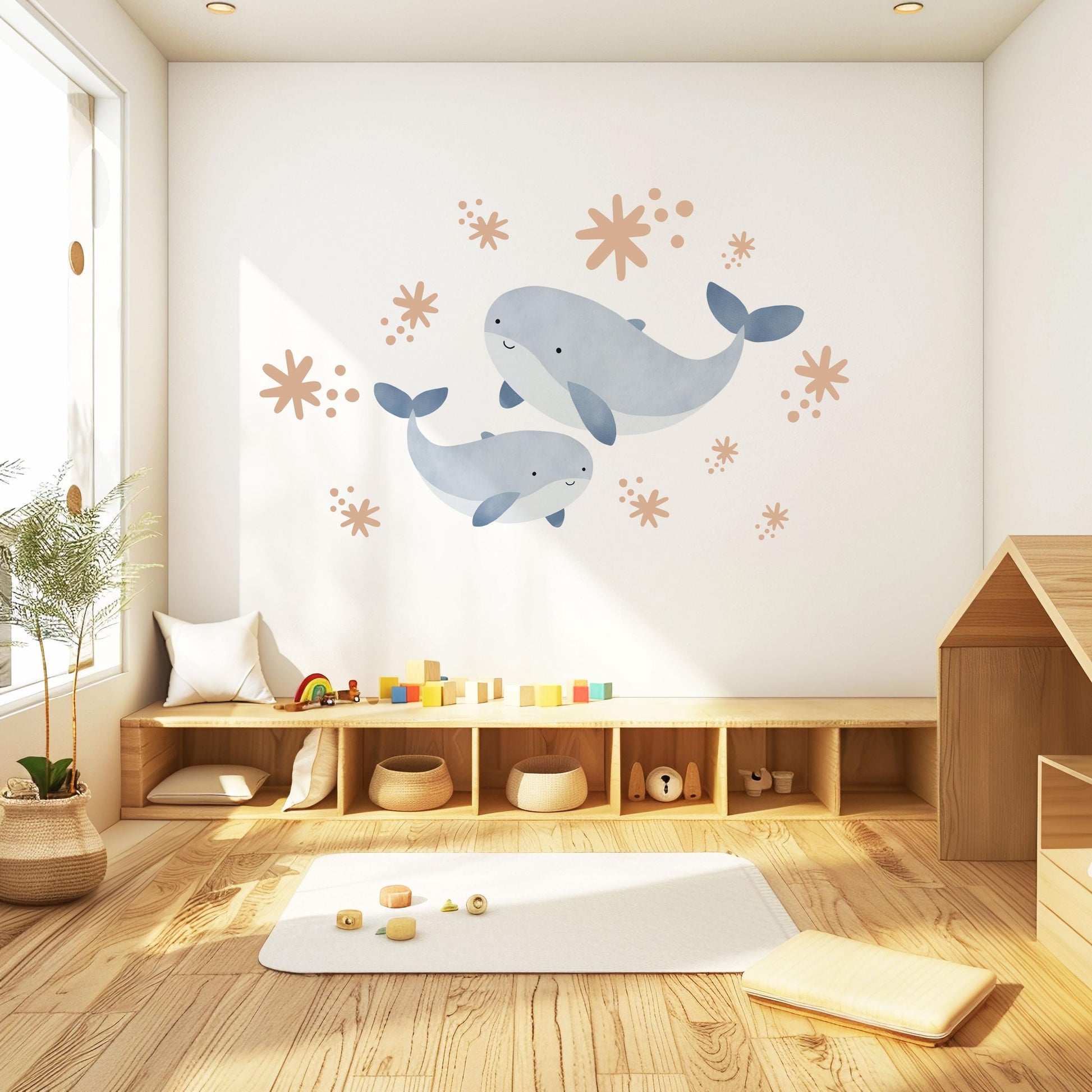 Boho Whale Wall Stickers, Mama and Baby Whale Decor, Ocean Nursery Wall Decals, Peel and Stick Nursery Wall Art