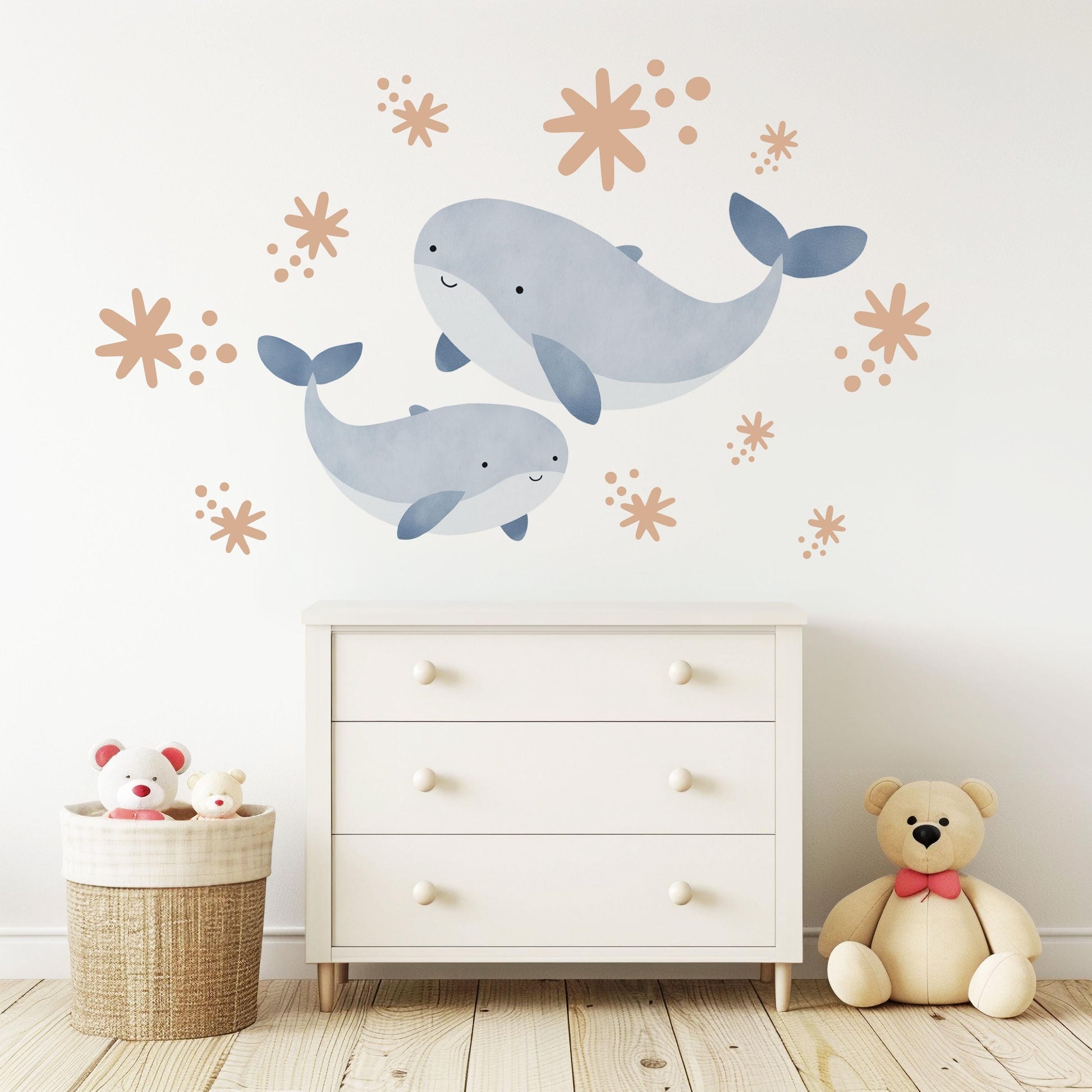 Boho Whale Wall Stickers, Mama and Baby Whale Decor, Ocean Nursery Wall Decals, Peel and Stick Nursery Wall Art