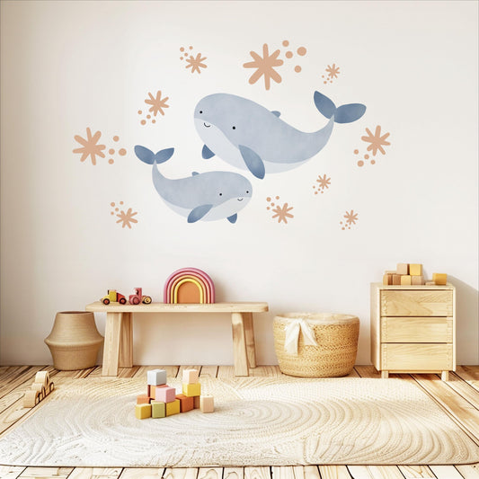 Boho Whale Wall Stickers, Mama and Baby Whale Decor, Ocean Nursery Wall Decals, Peel and Stick Nursery Wall Art