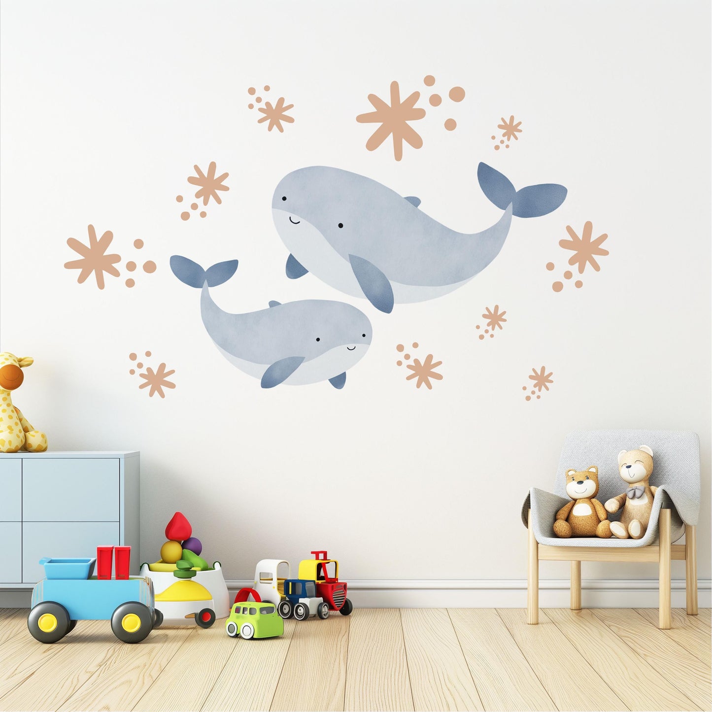 Boho Whale Wall Stickers, Mama and Baby Whale Decor, Ocean Nursery Wall Decals, Peel and Stick Nursery Wall Art