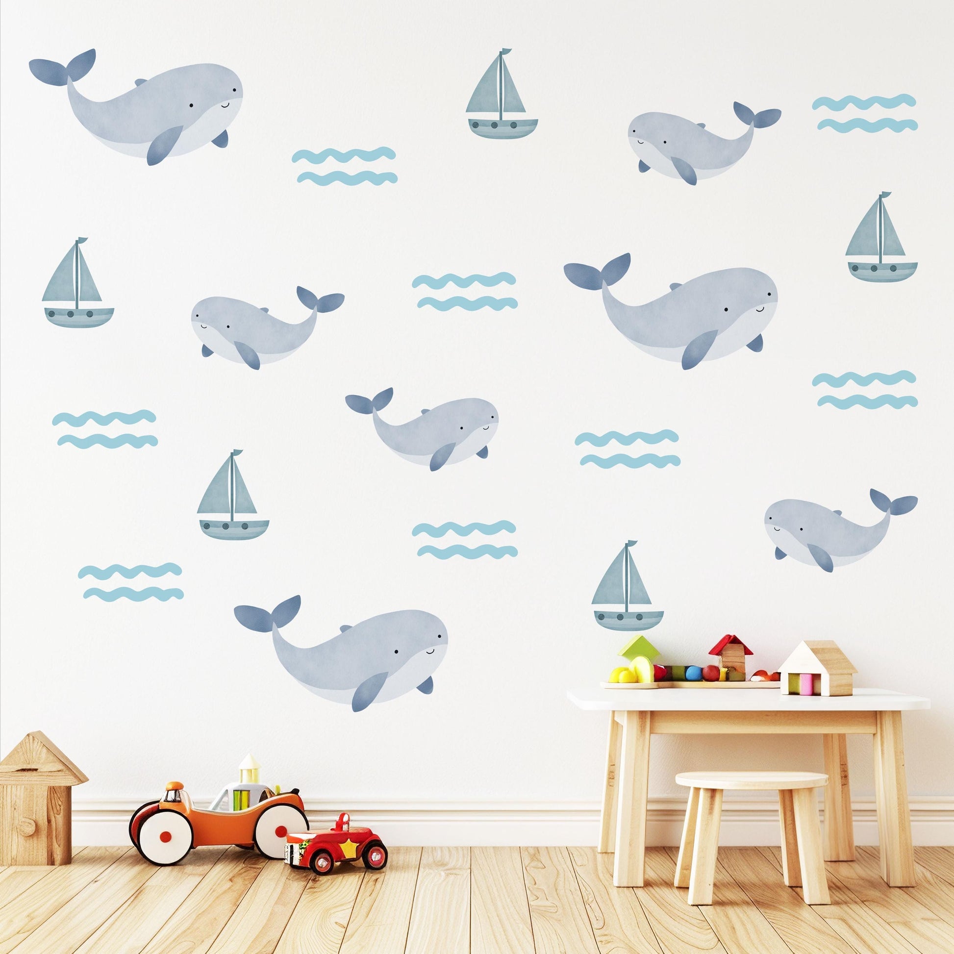 Sailboat Wall Stickers, Nautical Nursery Decor, Whale and Wave Wall Decals, Peel and Stick Boy Nursery Wall Art