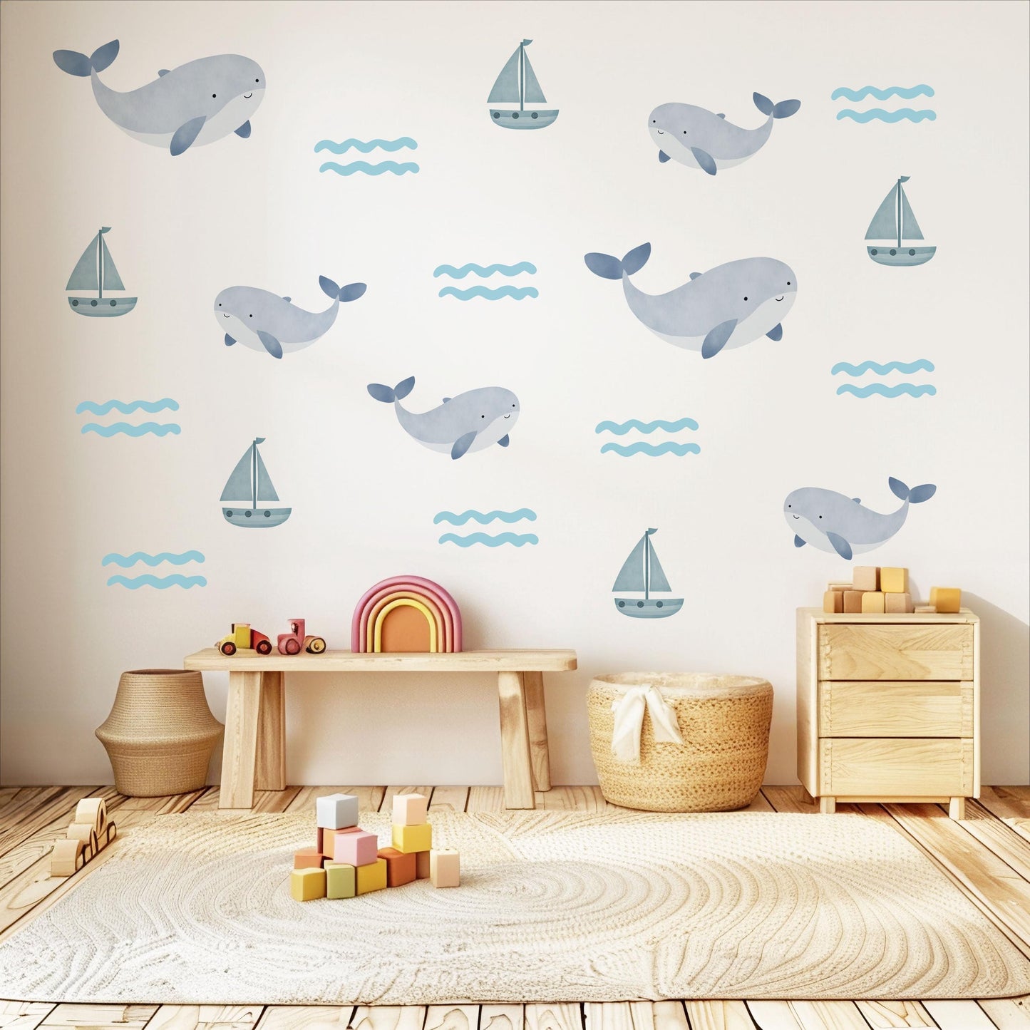 Sailboat Wall Stickers, Nautical Nursery Decor, Whale and Wave Wall Decals, Peel and Stick Boy Nursery Wall Art