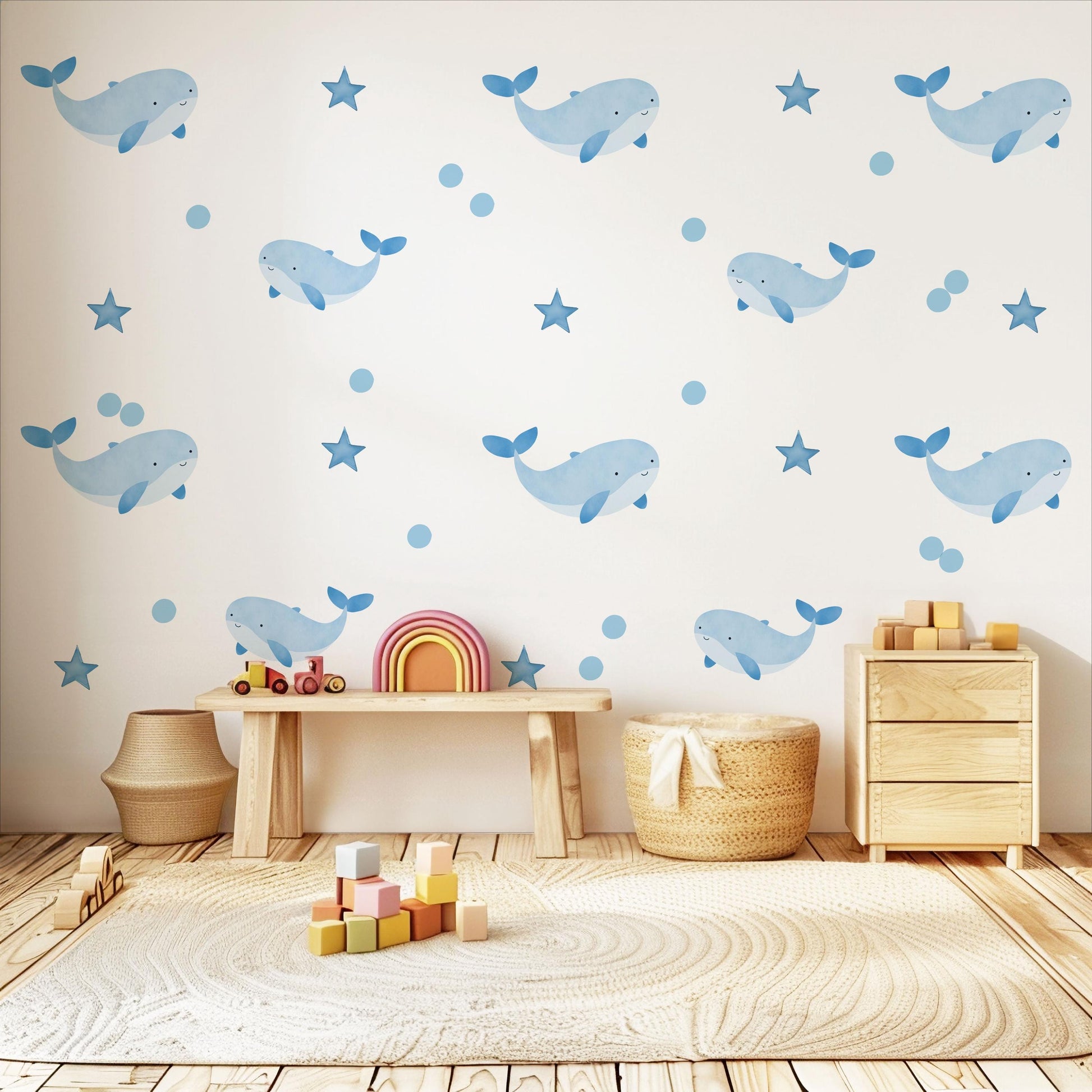 Starry Whale Wall Stickers, Blue Night Sky Nursery Decor, Star Wall Decals, Peel and Stick Boy Nursery Wall Art