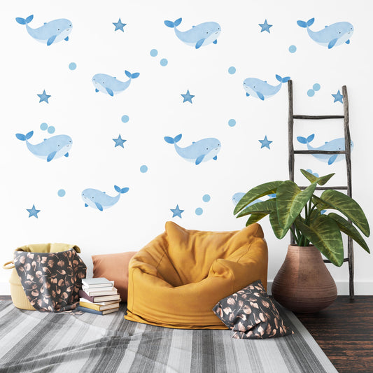 Starry Whale Wall Stickers, Blue Night Sky Nursery Decor, Star Wall Decals, Peel and Stick Boy Nursery Wall Art