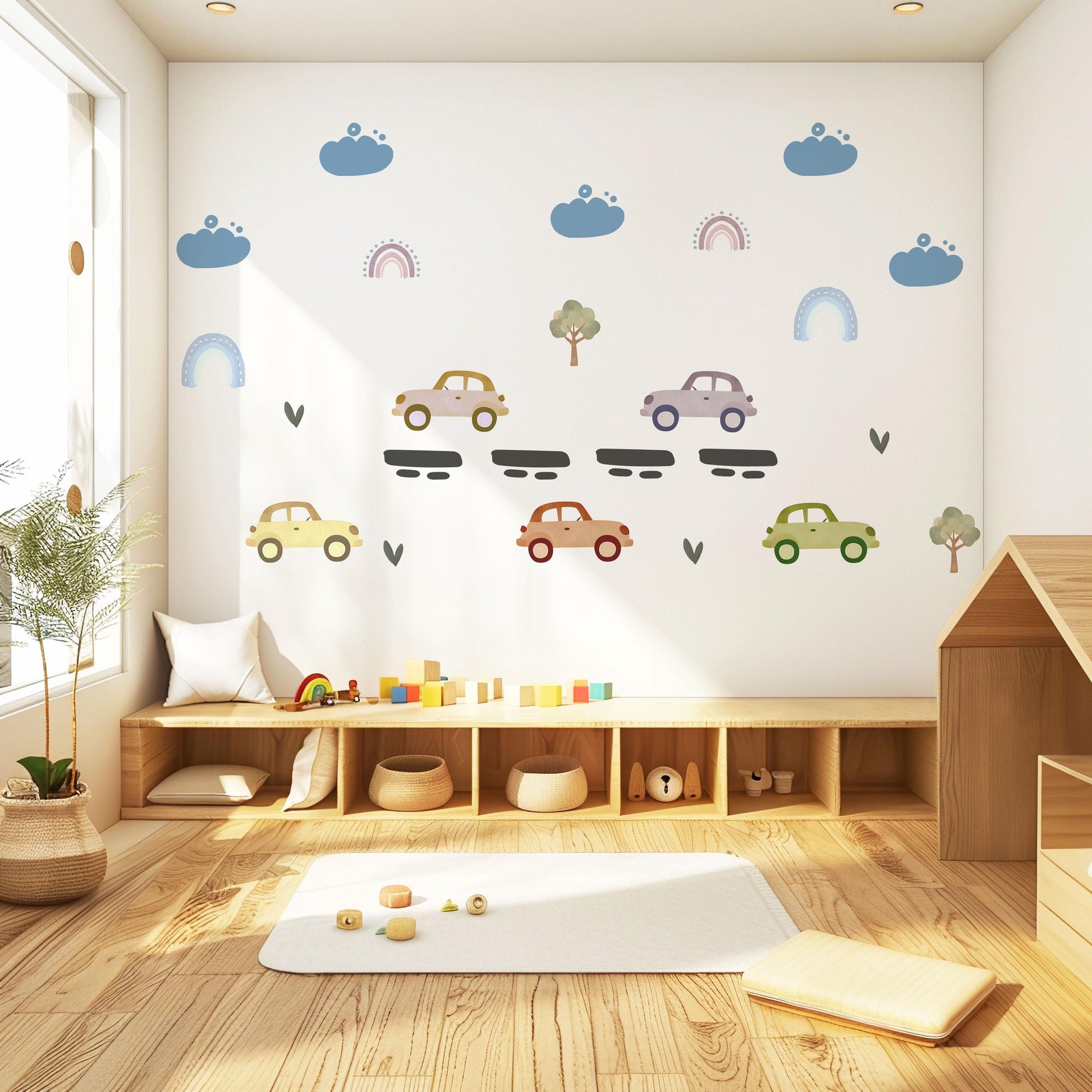 Vintage Car Wall Stickers, Retro Car Nursery Decor, Rainbow and Tree Wall Decals, Peel and Stick Boy Nursery Wall Art
