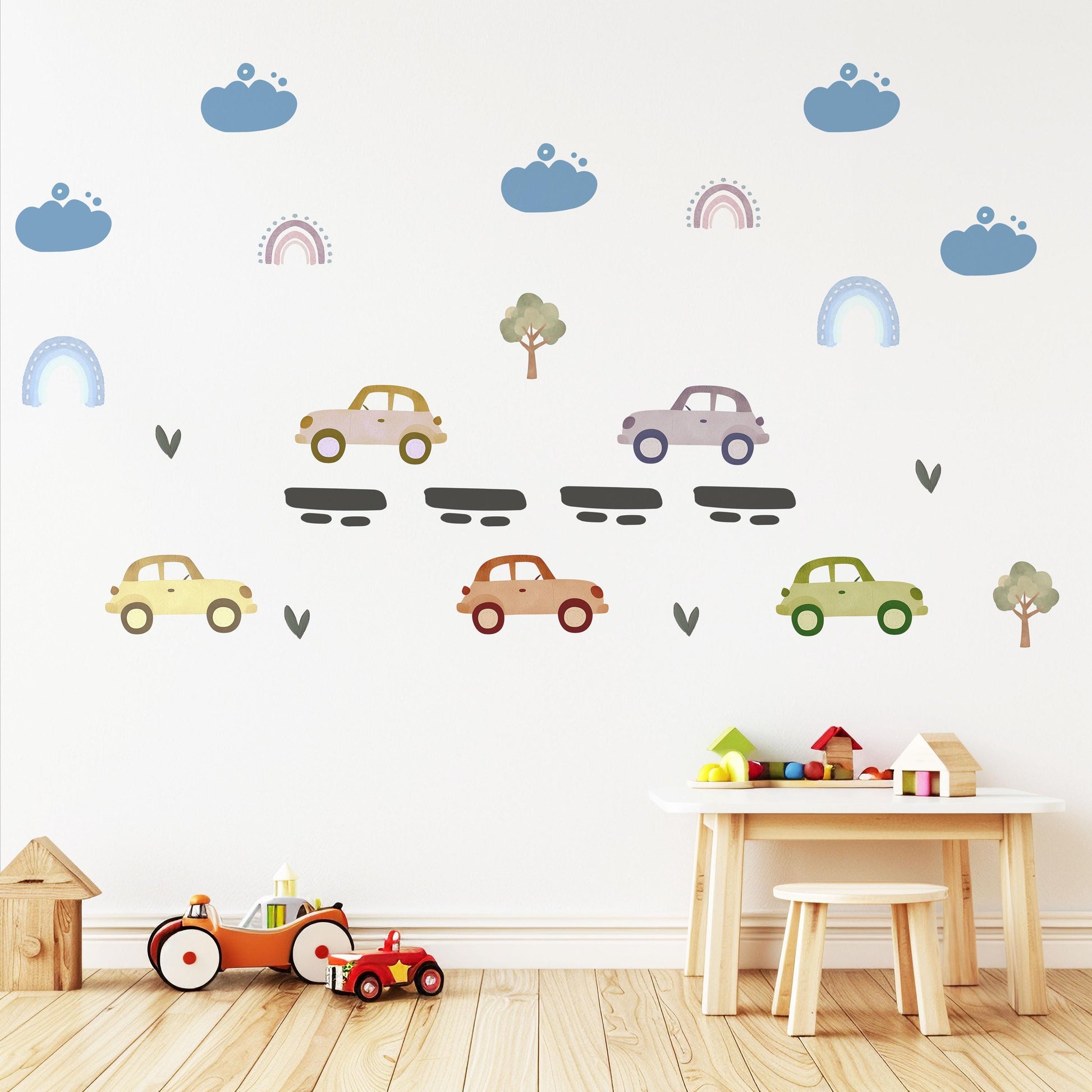 Vintage Car Wall Stickers, Retro Car Nursery Decor, Rainbow and Tree Wall Decals, Peel and Stick Boy Nursery Wall Art