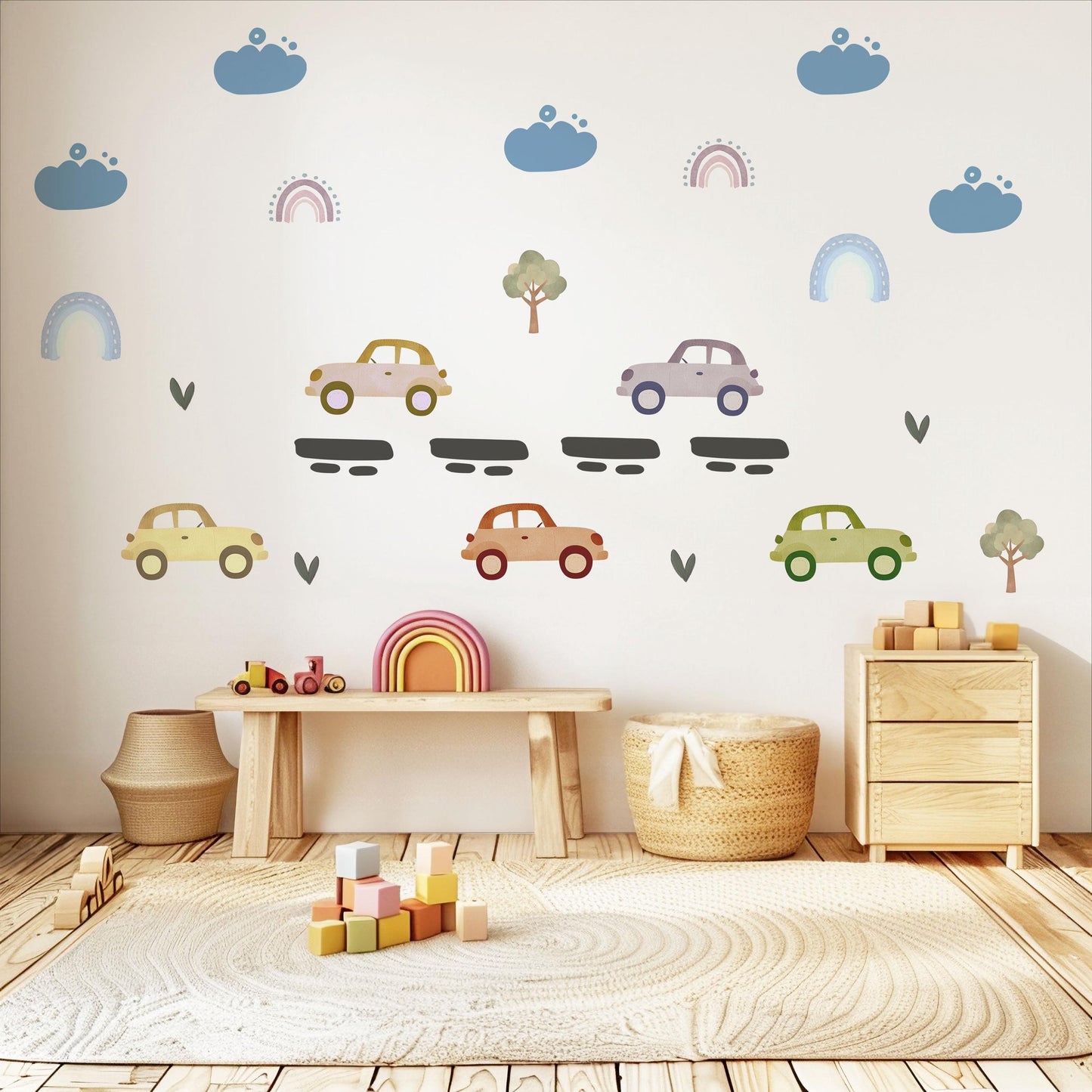Vintage Car Wall Stickers, Retro Car Nursery Decor, Rainbow and Tree Wall Decals, Peel and Stick Boy Nursery Wall Art