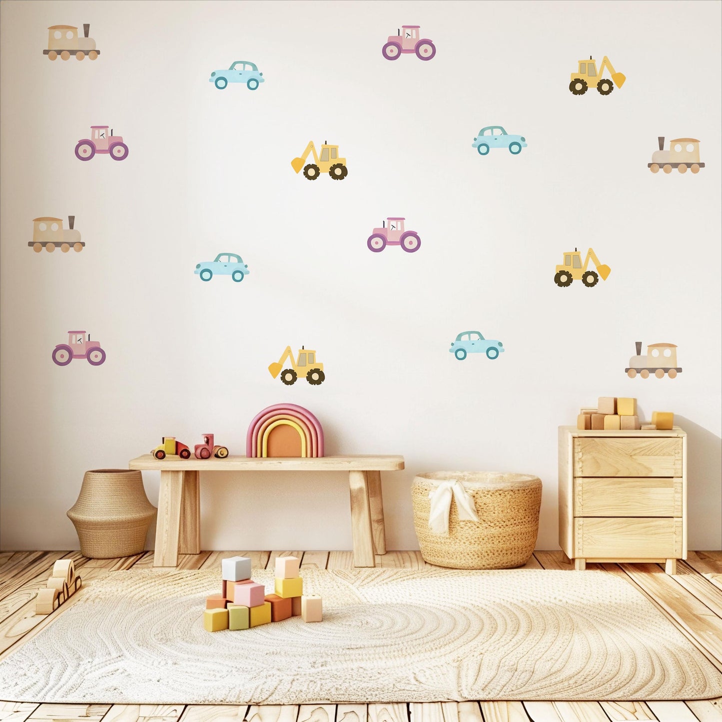 Digger Wall Stickers, Construction Nursery Decor, Tractor Train Car Wall Decals, Peel and Stick Boy Room Wall Art