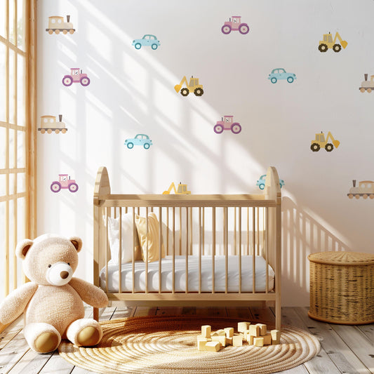 Digger Wall Stickers, Construction Nursery Decor, Tractor Train Car Wall Decals, Peel and Stick Boy Room Wall Art