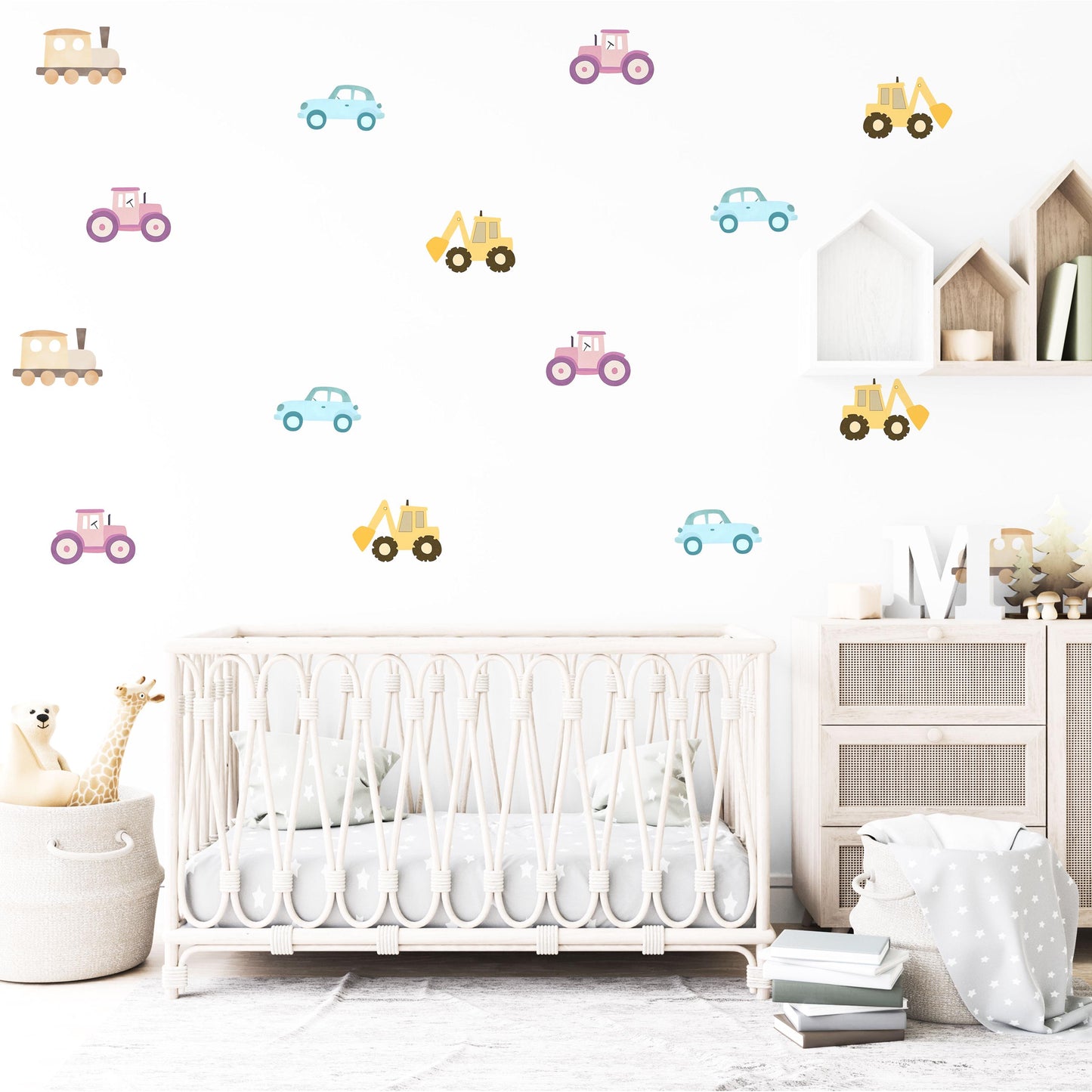 Digger Wall Stickers, Construction Nursery Decor, Tractor Train Car Wall Decals, Peel and Stick Boy Room Wall Art