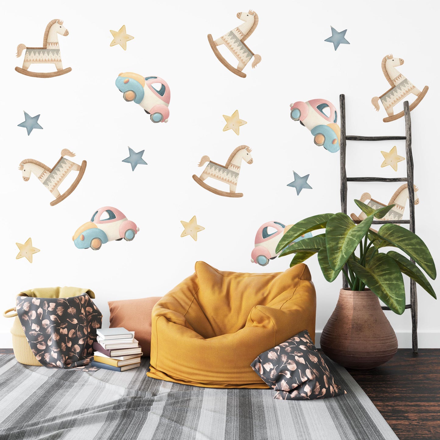 Rocking Horse Wall Stickers, Wooden Toy Nursery Decor, Star Wall Decals, Peel and Stick Nursery Wall Art