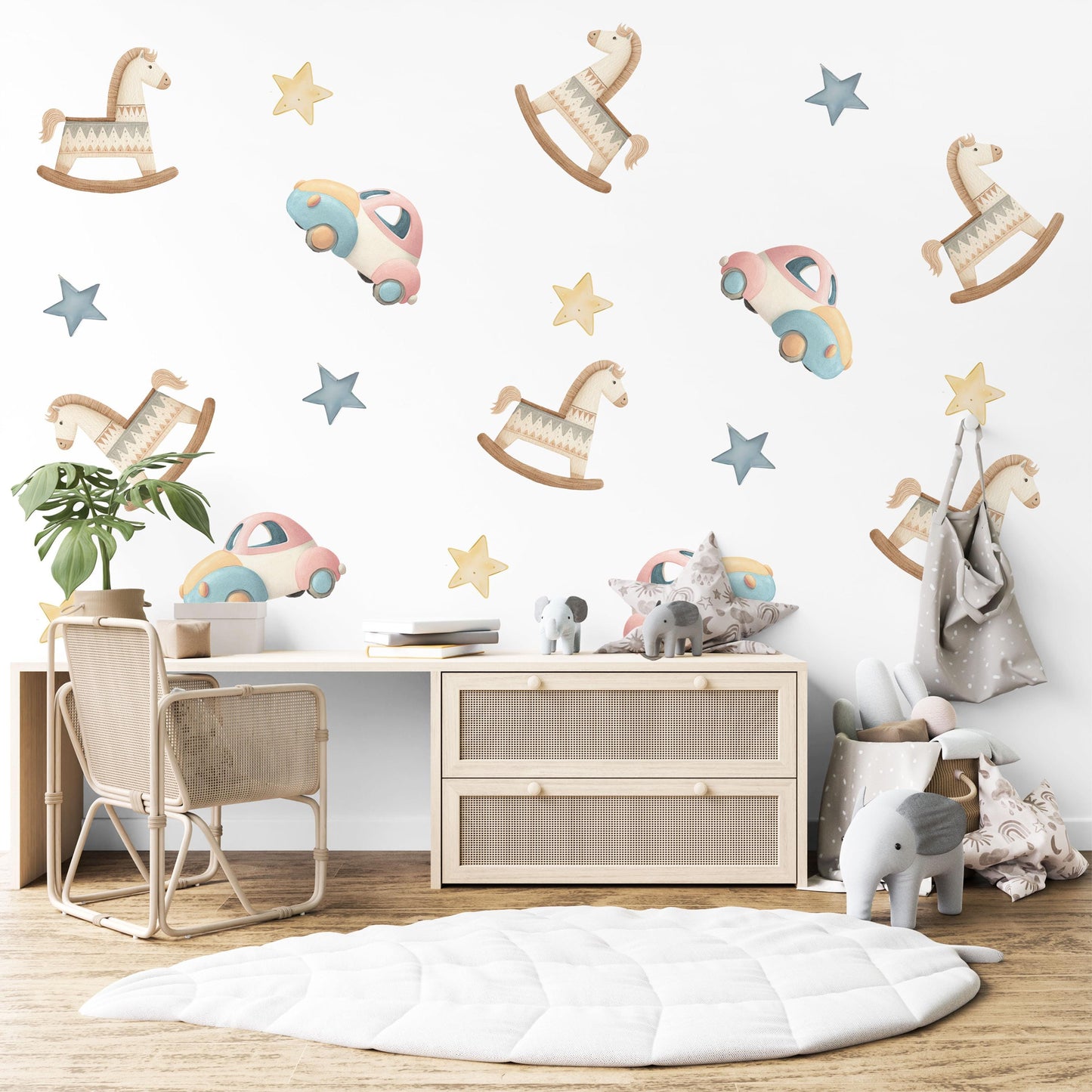 Rocking Horse Wall Stickers, Wooden Toy Nursery Decor, Star Wall Decals, Peel and Stick Nursery Wall Art