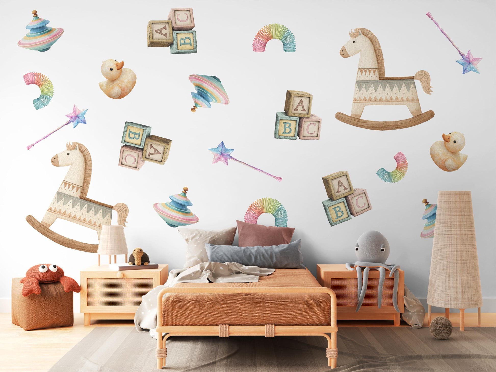 Vintage Toy Wall Stickers, ABC Blocks Nursery Decor, Toy Box Wall Decals, Peel and Stick Nursery Wall Art
