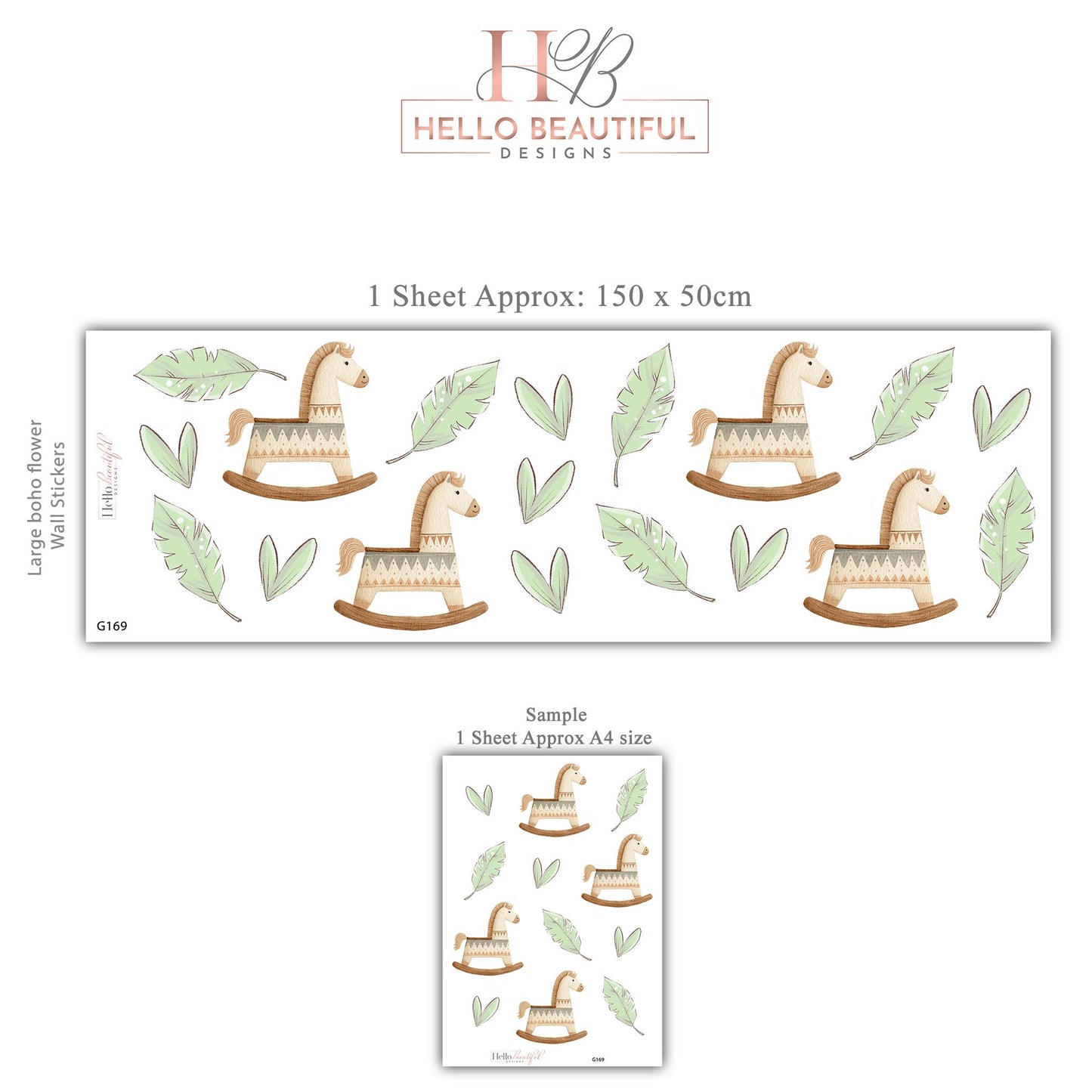 Boho Rocking Horse Wall Stickers, Sage Leaf Nursery Decor, Feather Wall Decals, Peel and Stick Nursery Wall Art