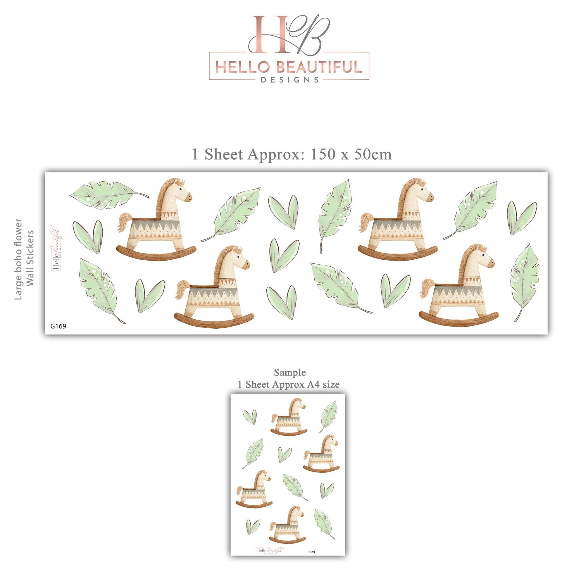 Boho Rocking Horse Wall Stickers, Sage Leaf Nursery Decor, Feather Wall Decals, Peel and Stick Nursery Wall Art