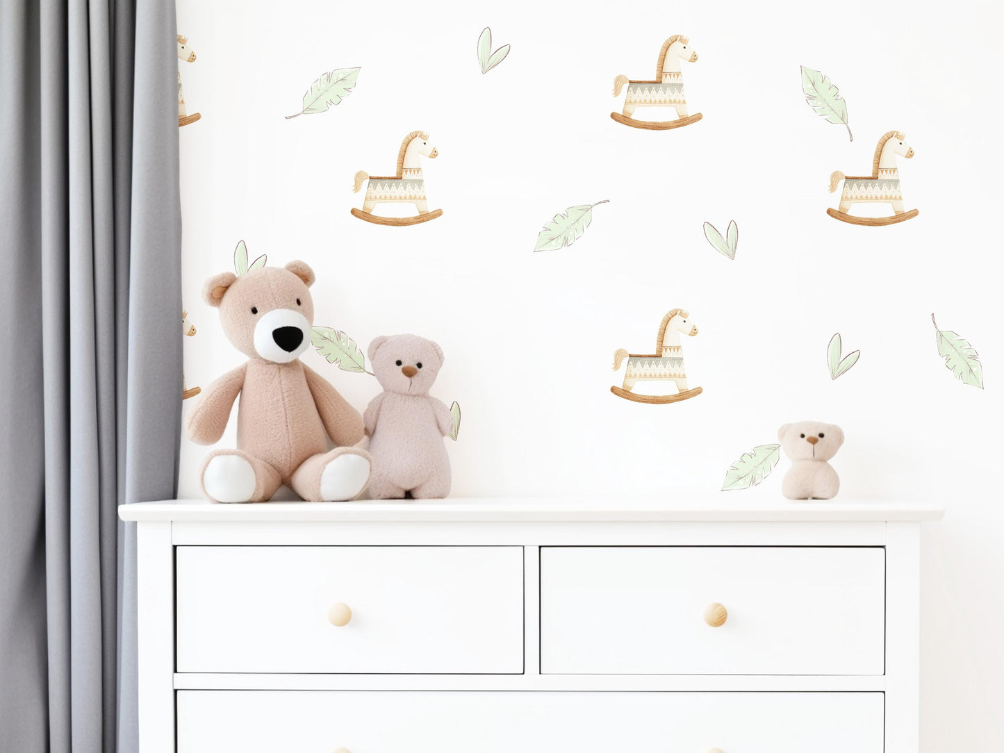Boho Rocking Horse Wall Stickers, Sage Leaf Nursery Decor, Feather Wall Decals, Peel and Stick Nursery Wall Art