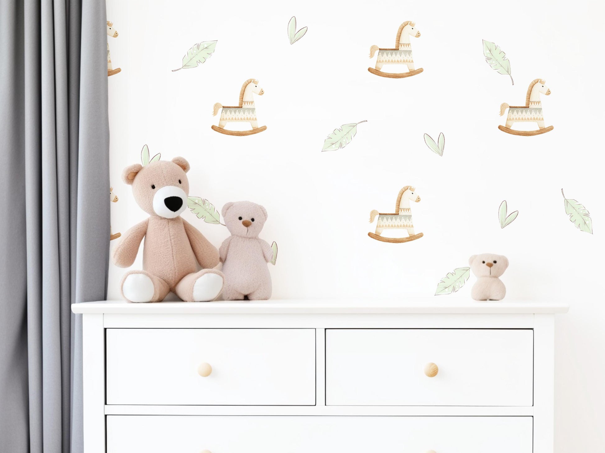 Boho Rocking Horse Wall Stickers, Sage Leaf Nursery Decor, Feather Wall Decals, Peel and Stick Nursery Wall Art