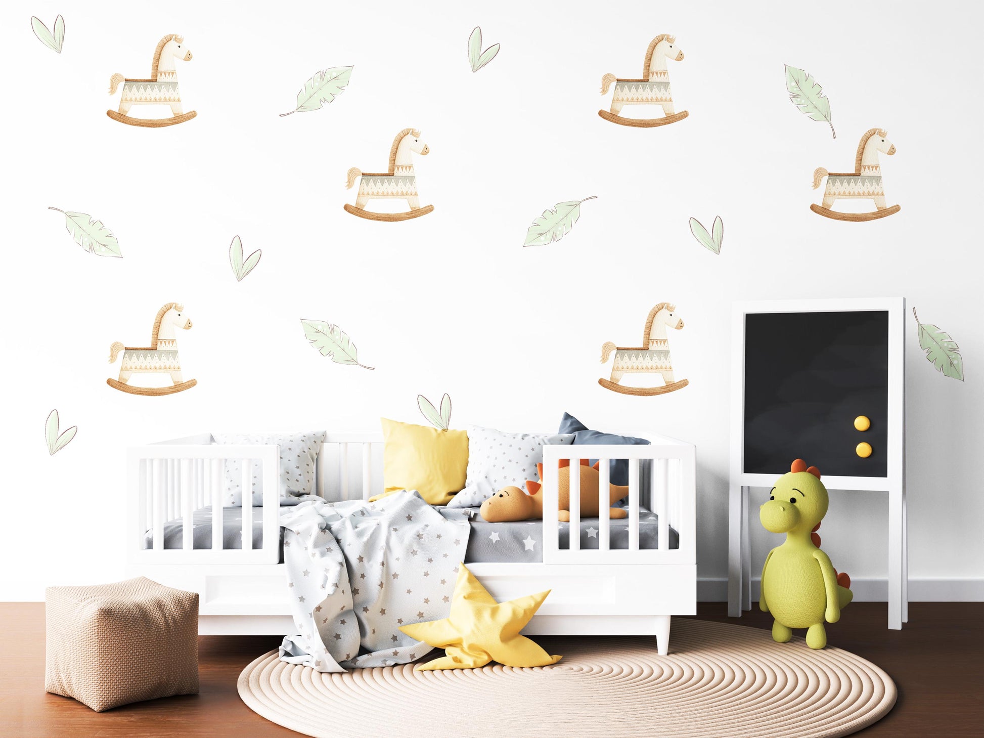 Boho Rocking Horse Wall Stickers, Sage Leaf Nursery Decor, Feather Wall Decals, Peel and Stick Nursery Wall Art