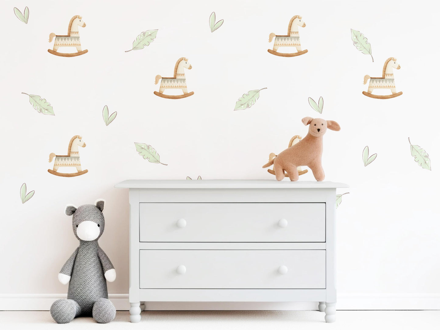 Boho Rocking Horse Wall Stickers, Sage Leaf Nursery Decor, Feather Wall Decals, Peel and Stick Nursery Wall Art
