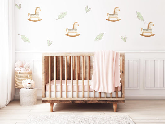 Boho Rocking Horse Wall Stickers, Sage Leaf Nursery Decor, Feather Wall Decals, Peel and Stick Nursery Wall Art