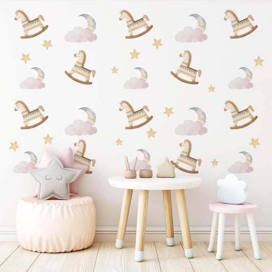 Rocking Horse Wall Stickers, Moon and Stars Nursery Decor, Pink Cloud Wall Decals, Peel and Stick Nursery Wall Art