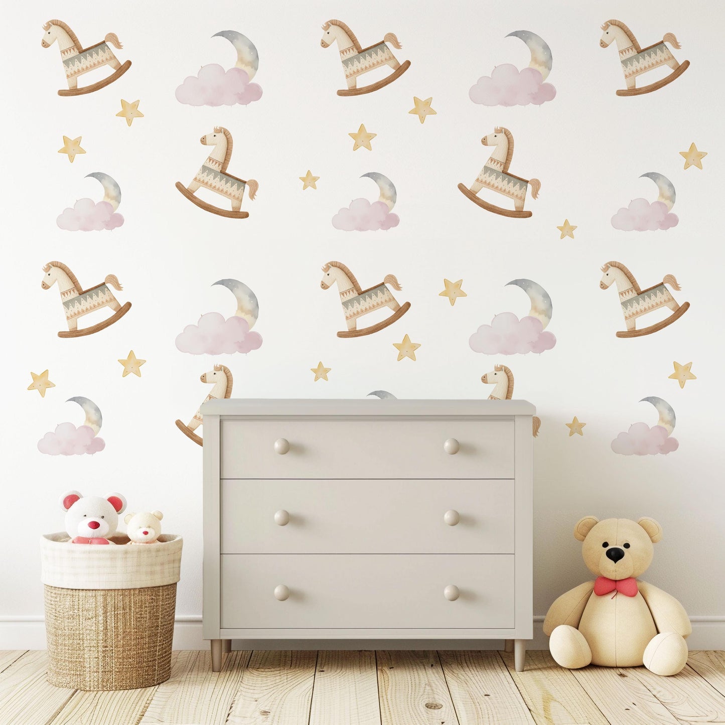 Rocking Horse Wall Stickers, Moon and Stars Nursery Decor, Pink Cloud Wall Decals, Peel and Stick Nursery Wall Art