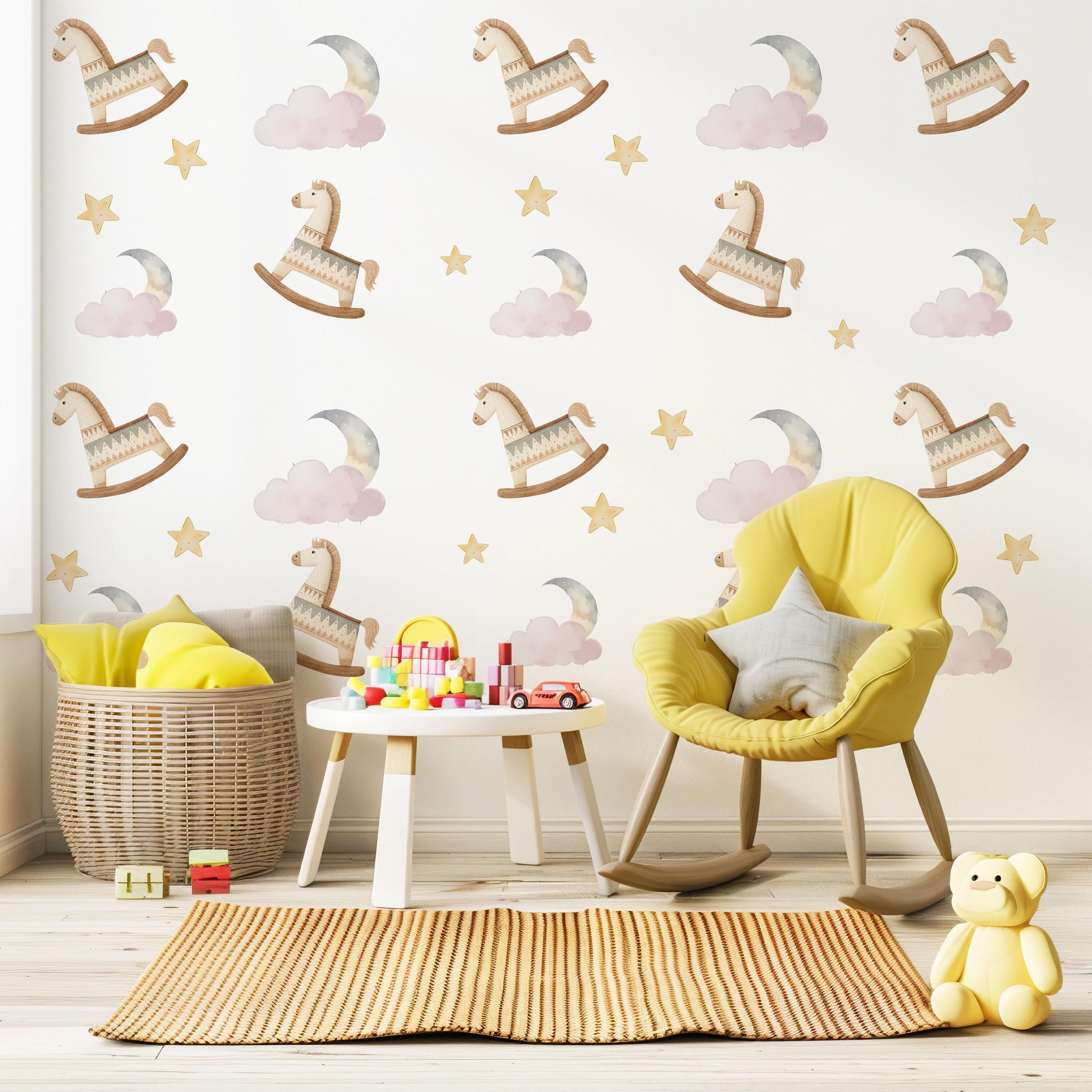 Rocking Horse Wall Stickers, Moon and Stars Nursery Decor, Pink Cloud Wall Decals, Peel and Stick Nursery Wall Art