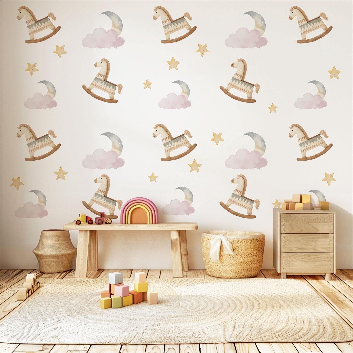 Rocking Horse Wall Stickers, Moon and Stars Nursery Decor, Pink Cloud Wall Decals, Peel and Stick Nursery Wall Art
