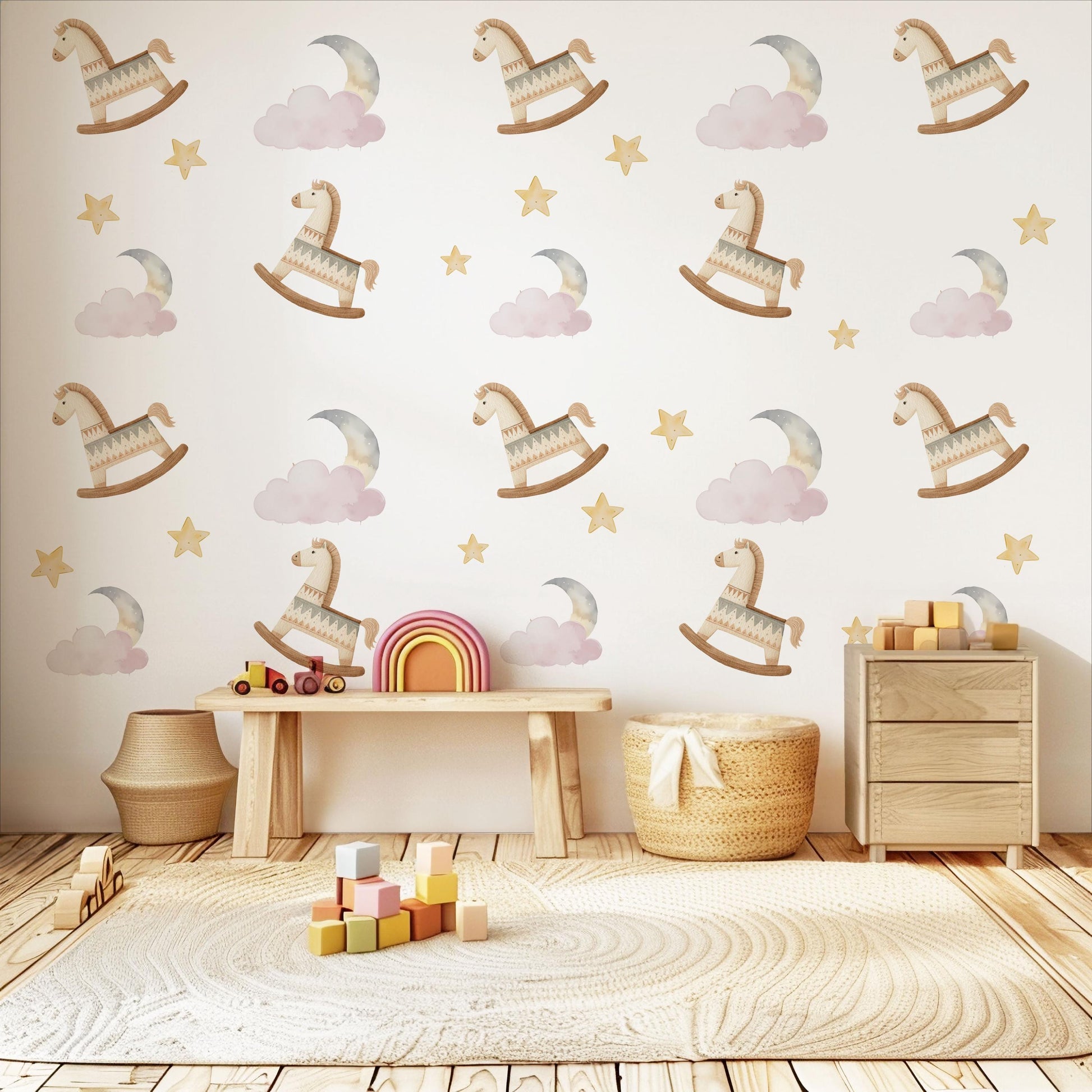 Rocking Horse Wall Stickers, Moon and Stars Nursery Decor, Pink Cloud Wall Decals, Peel and Stick Nursery Wall Art