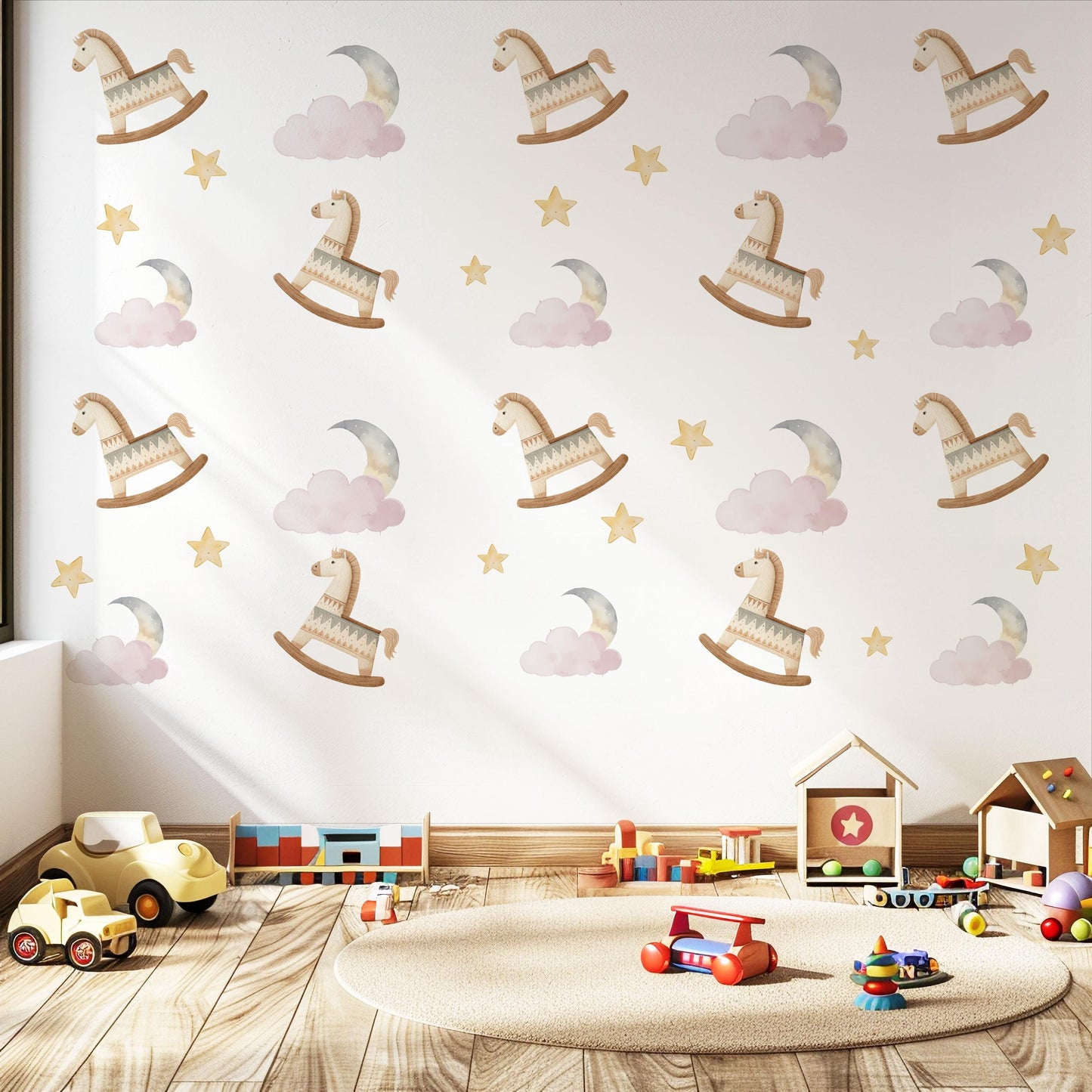Rocking Horse Wall Stickers, Moon and Stars Nursery Decor, Pink Cloud Wall Decals, Peel and Stick Nursery Wall Art