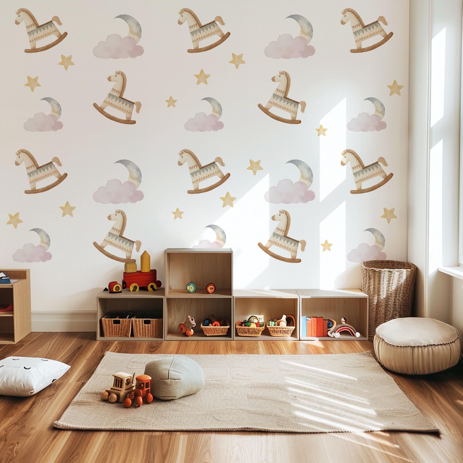 Rocking Horse Wall Stickers, Moon and Stars Nursery Decor, Pink Cloud Wall Decals, Peel and Stick Nursery Wall Art