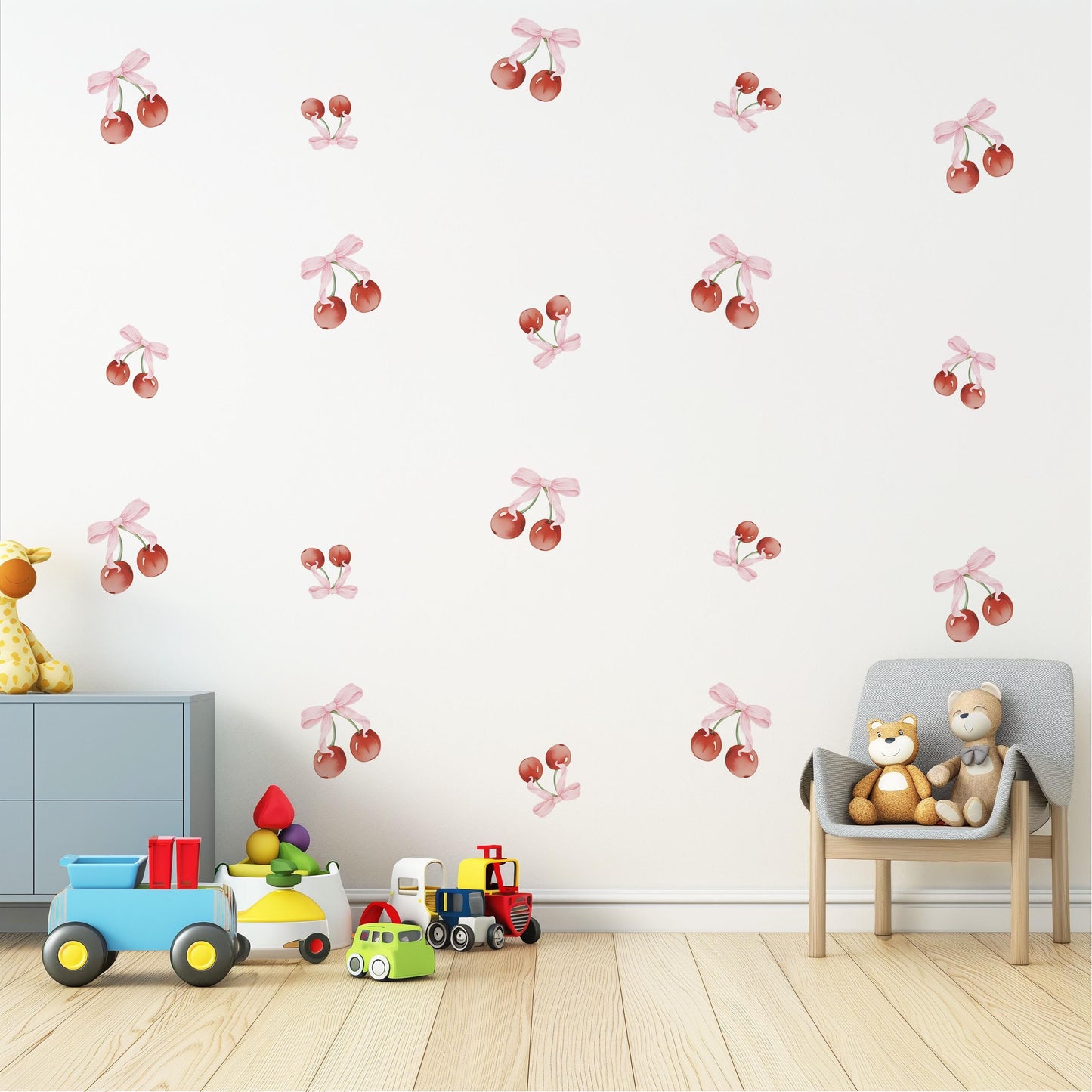 Cherry Wall Decals Nursery Peel and Stick Wall Stickers Pink Cherry Bow Decals Baby Girl Bedroom Playroom Boho Wall Decor