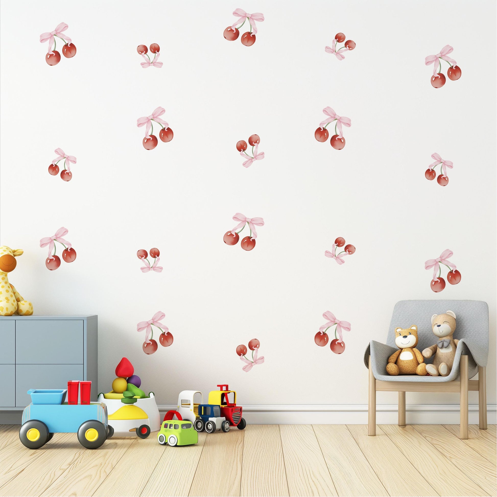 Cherry Wall Decals Nursery Peel and Stick Wall Stickers Pink Cherry Bow Decals Baby Girl Bedroom Playroom Boho Wall Decor